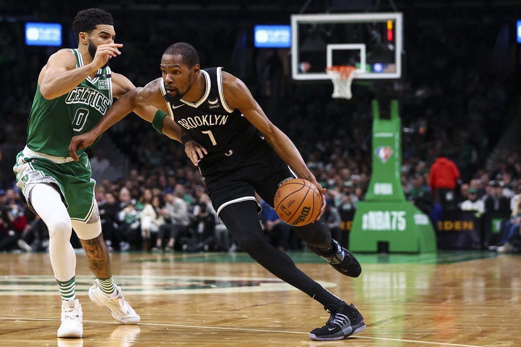 Kevin Durant of the Brooklyn Nets against Jayson Tatum of the Boston Celtics