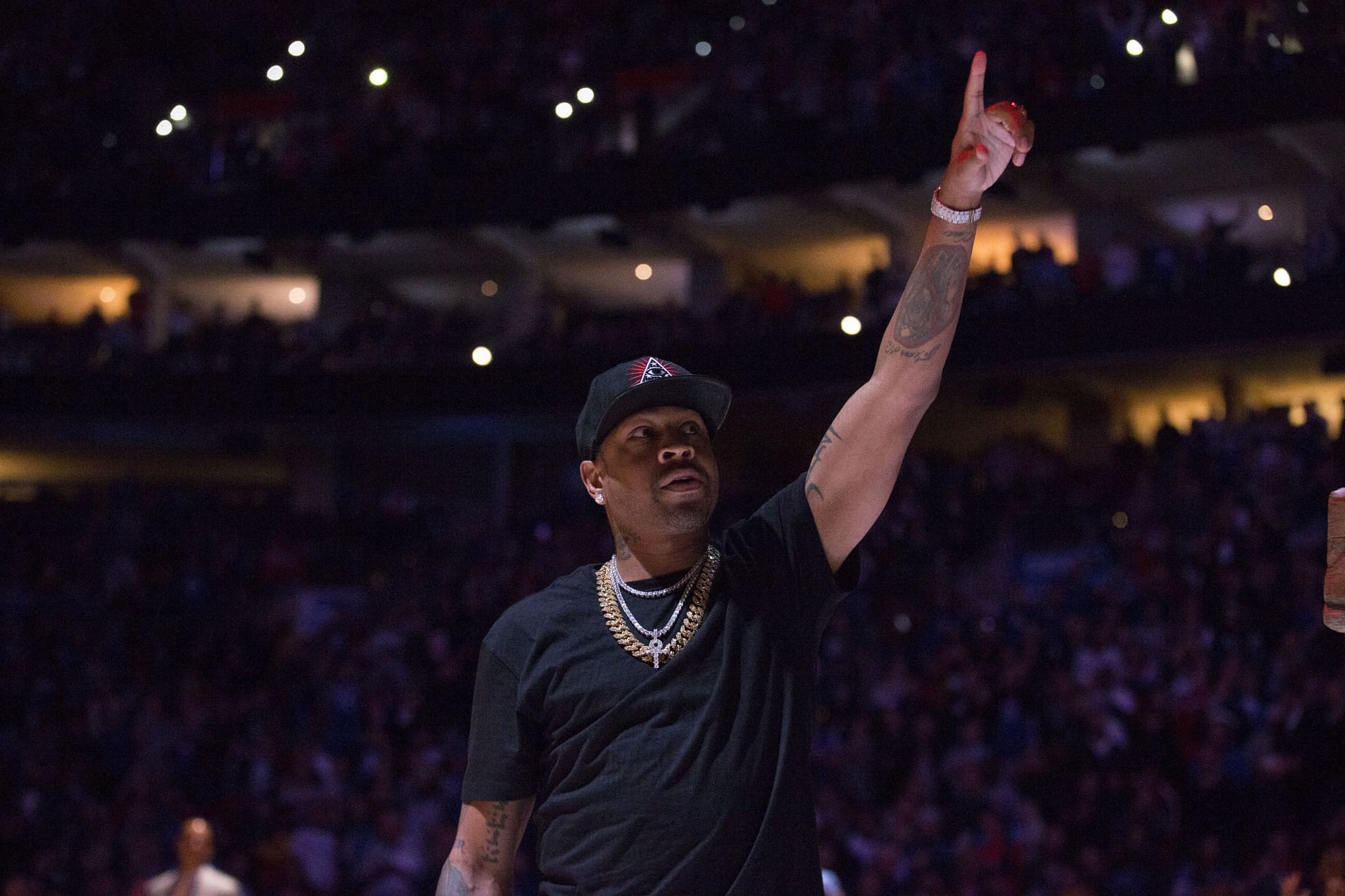 NBA hall of famer Allen Iverson salutes the crowd prior to the game between the Utah Jazz and Philadelphia 76ers at the Wells Fargo Center on November 16, 2018 in Philadelphia, Pennsylvania.