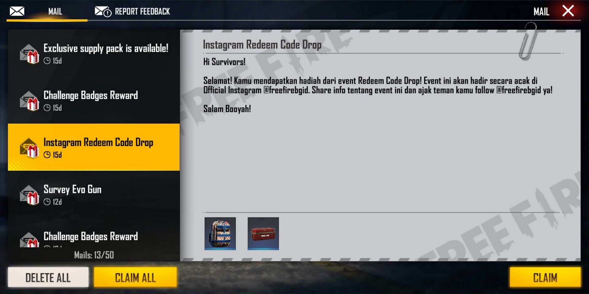 Rewards of redeem codes are generally sent through the in-game mail (Image via Garena)