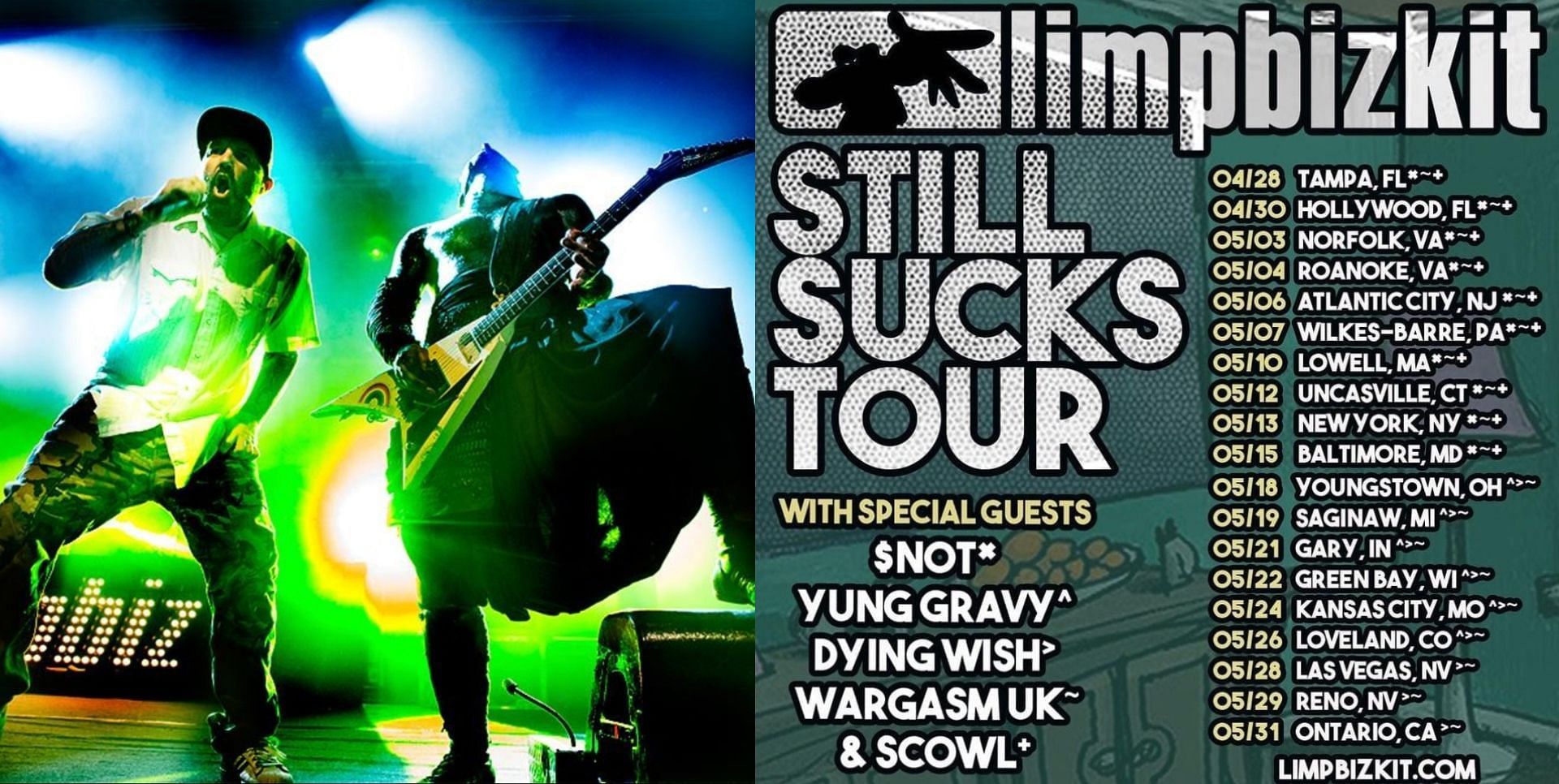 American nu-metal band Limp Bizkit has announced their upcoming US Spring tour in support of their recent album, Still Sucks. (Images via Limp Bizkit/Facebook)