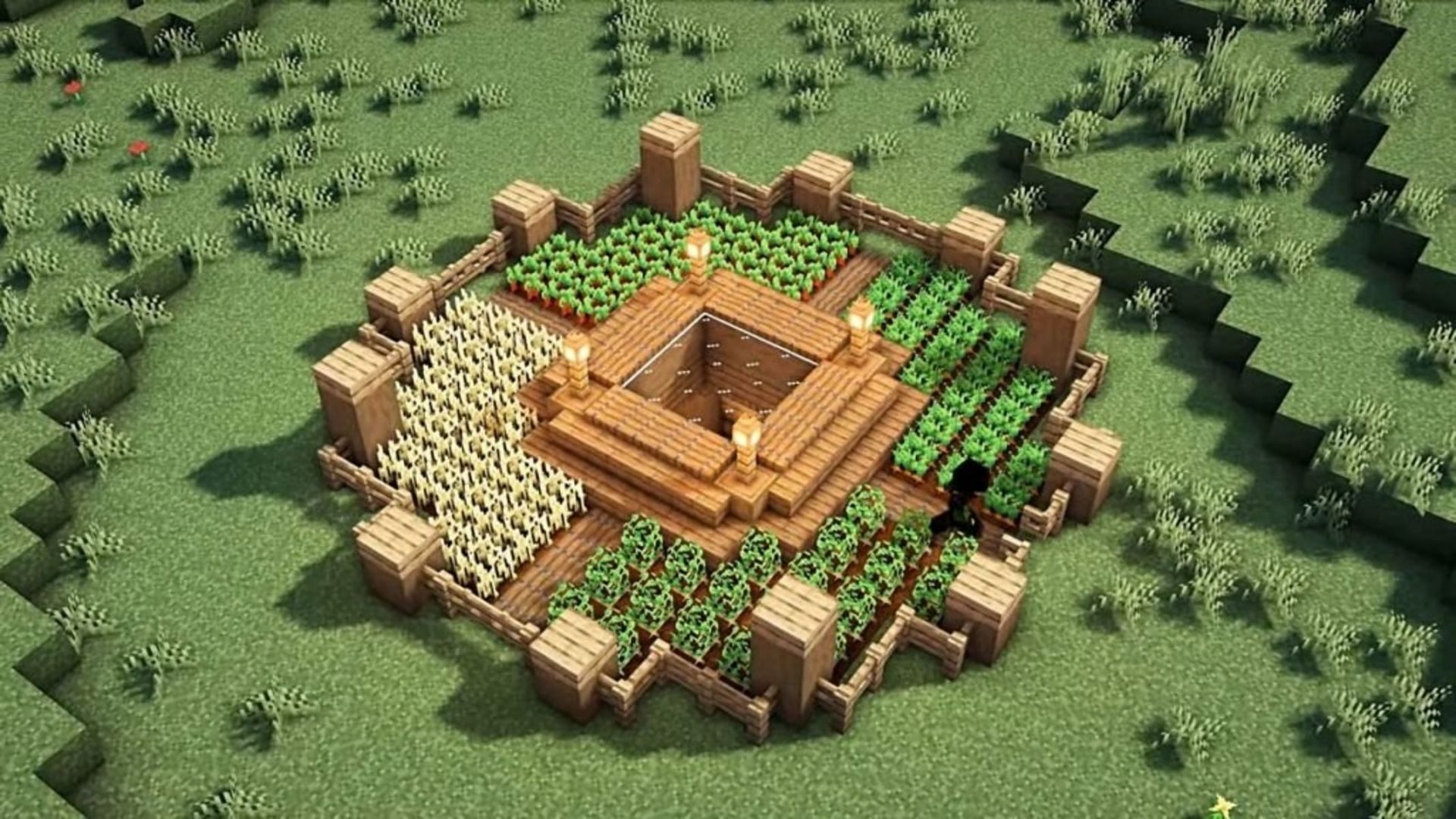 A Minecraft player&#039;s starter base in a plains biome (Image via Mojang)