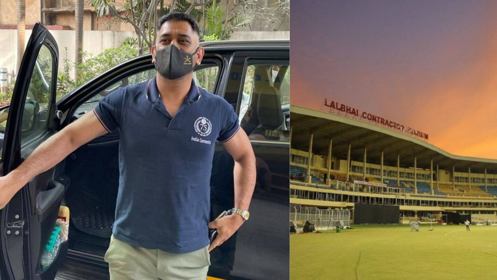 MS Dhoni arrives at CSK&#039;s camp at Lalbhai Contractor Stadium.