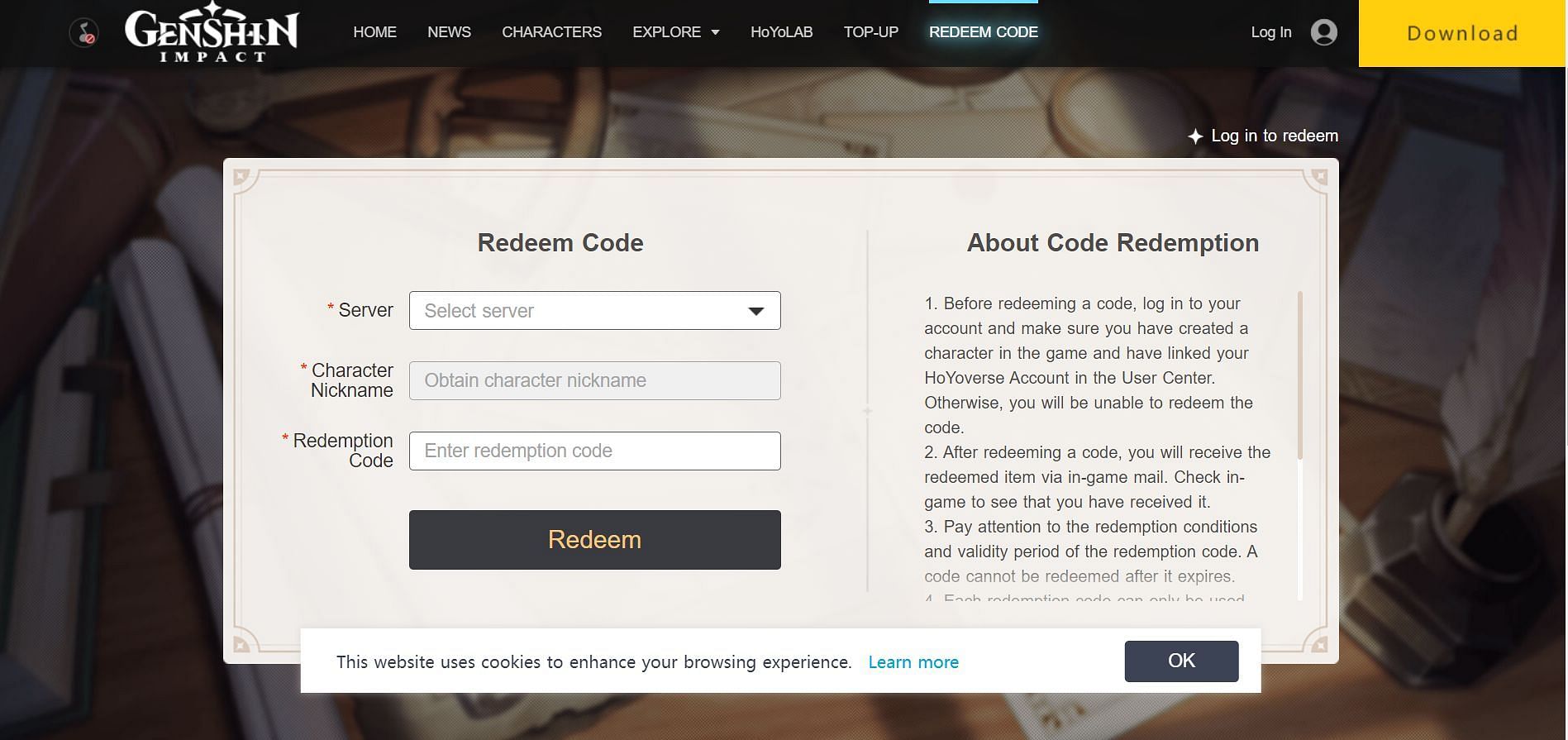 Open the Redeem Code section on the website (Image via HoYoverse)