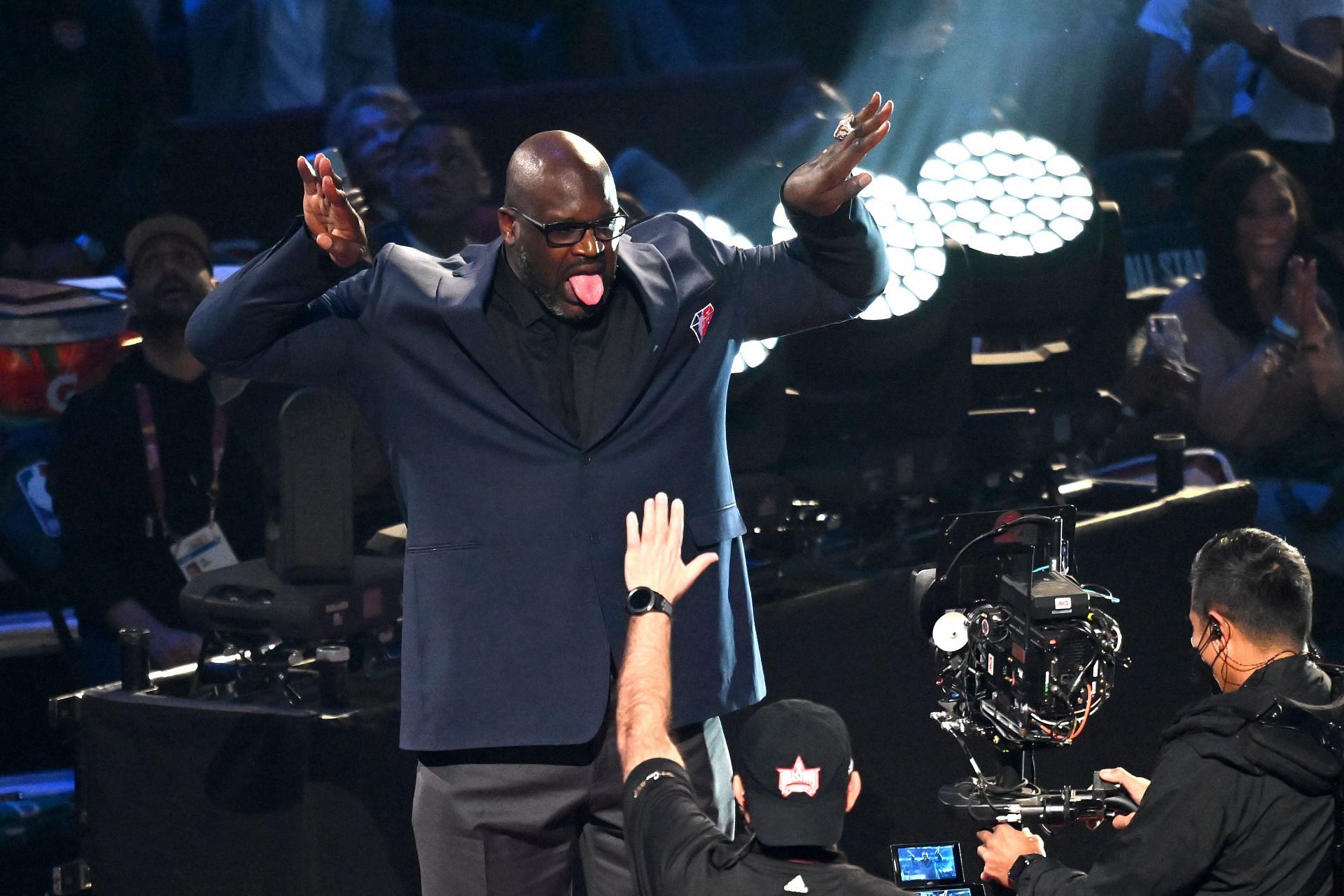 Shaquille O&#039;Neal reacts after being introduced as part of the NBA 75th Anniversary Team during the 2022 NBA All-Star Game at Rocket Mortgage Fieldhouse on February 20 in Cleveland, Ohio.