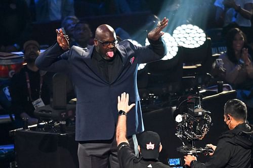 Shaquille O'Neal reacts after being introduced as part of the NBA 75th Anniversary Team during the 2022 NBA All-Star Game at Rocket Mortgage Fieldhouse on February 20 in Cleveland, Ohio.