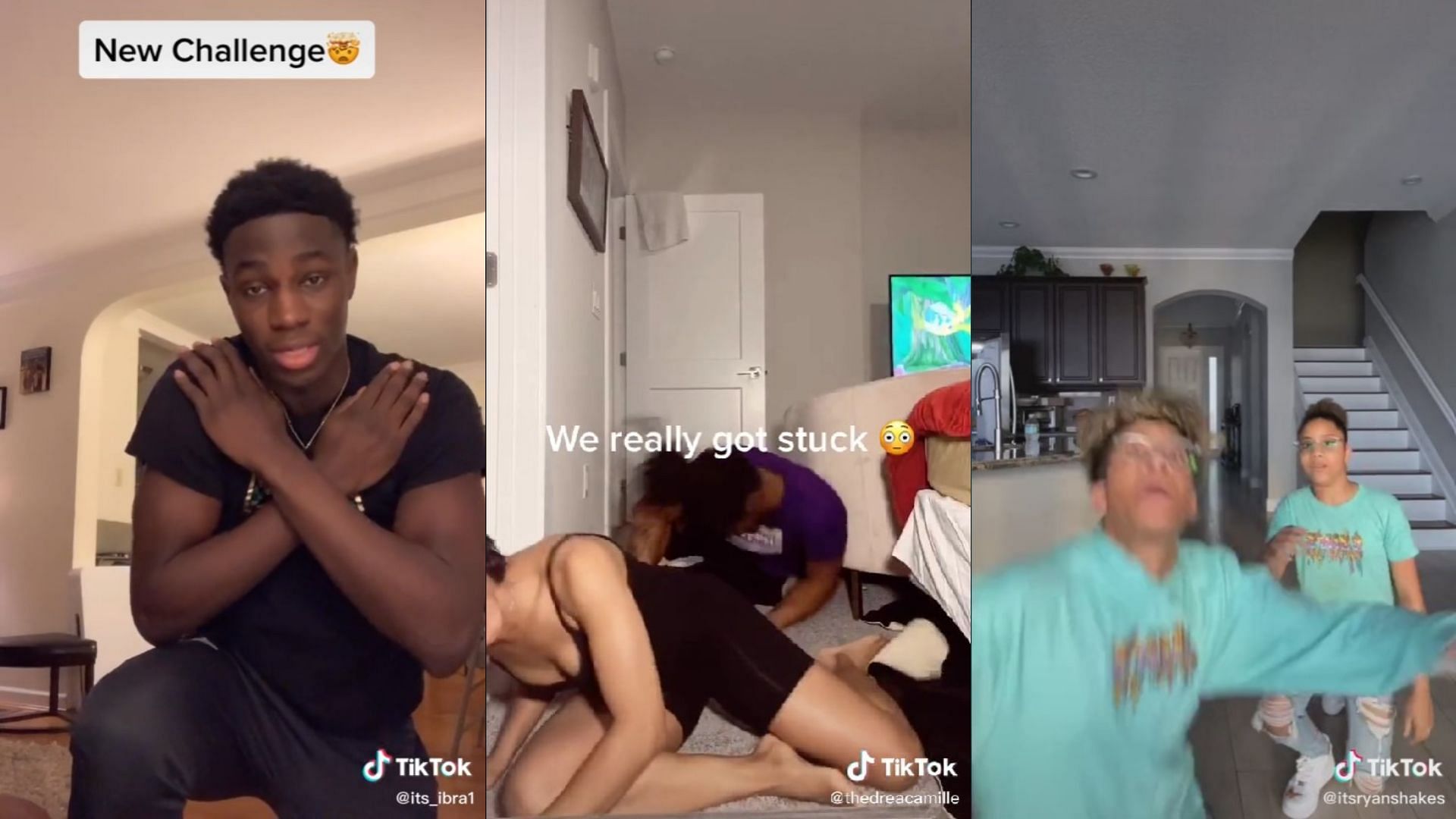 The &#039;knee trick&#039; has users&#039; knees give out under them (Images via its_ibra1/thedreacamille/ itsryanshakes/TikTok)