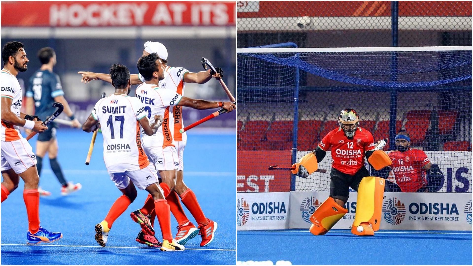 Indian Men&#039;s hockey team during the FIH Pro League match (L) and practice session (R) (Pic Credit: Hockey India)