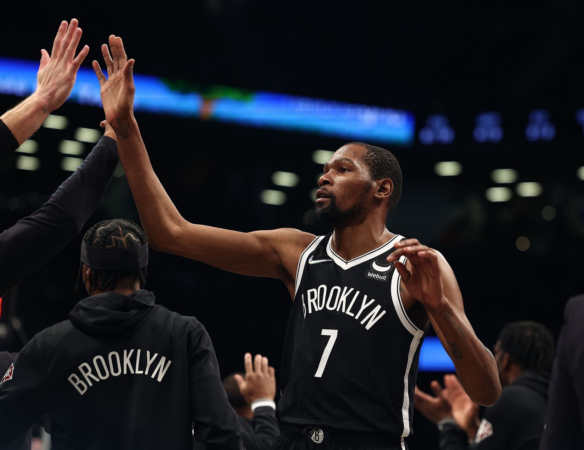 Kevin Durant #7 of the Brooklyn Nets celebrates a basket against the New Orleans Pelicans during their game at Barclays Center on January 15, 2022 in New York City.