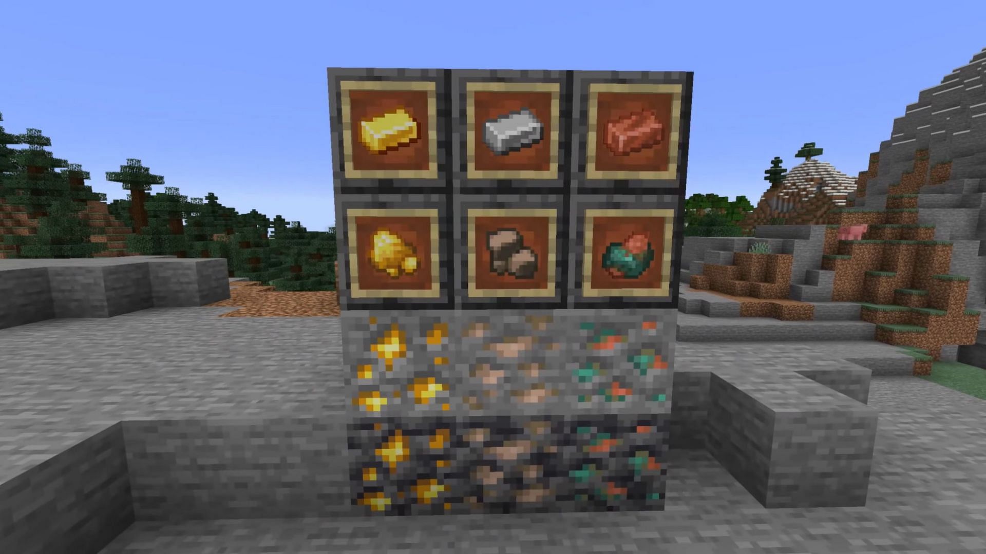 Gold, iron, and copper in their raw and ingot forms as well as their ore blocks (Image via Mojang)