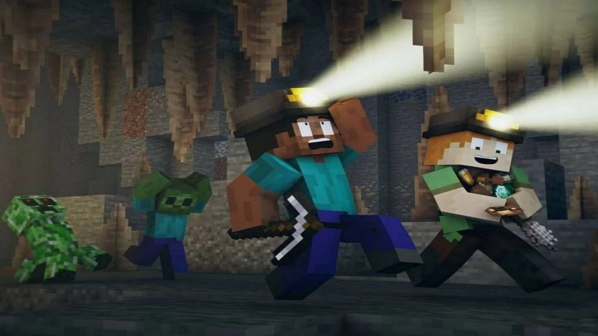 Steve and Alex run into some trouble in a dripstone cave in the game (Image via Mojang)