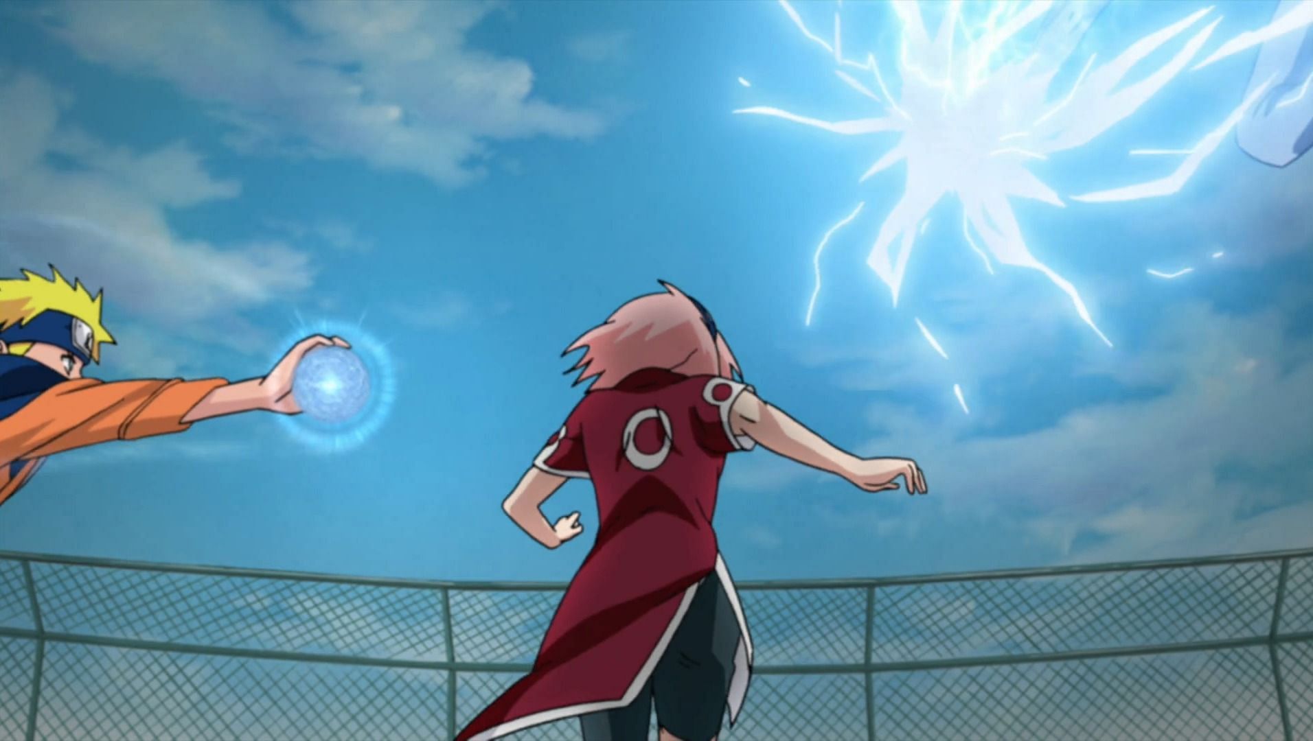 Sakura trying to stop the roof-top fight (Image via Studio Pierrot)