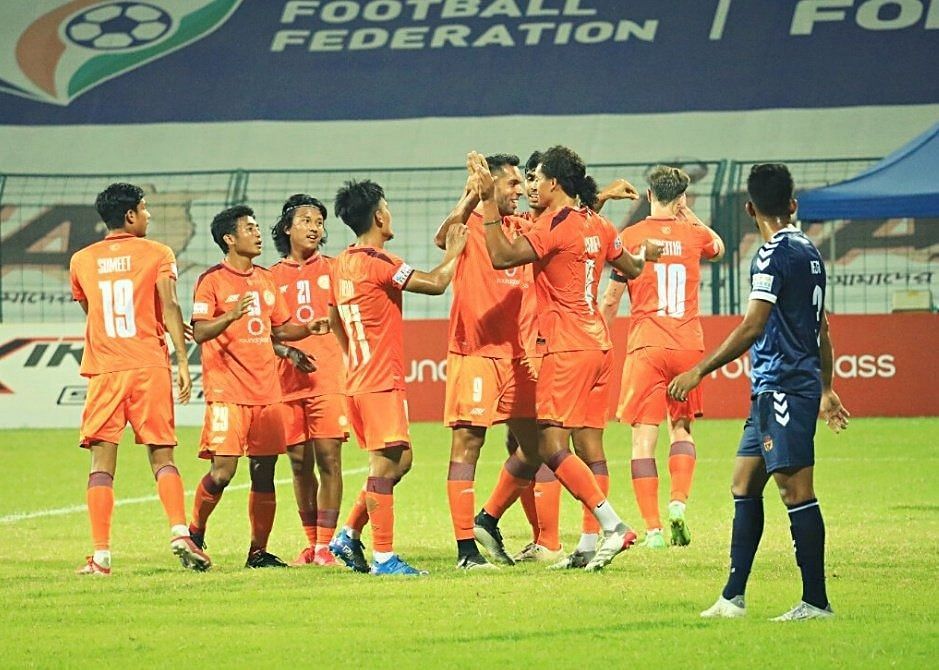 RoundGlass Punjab FC players celebrate their victory against Kenkre FC (Image Courtesy: I-League Twitter)