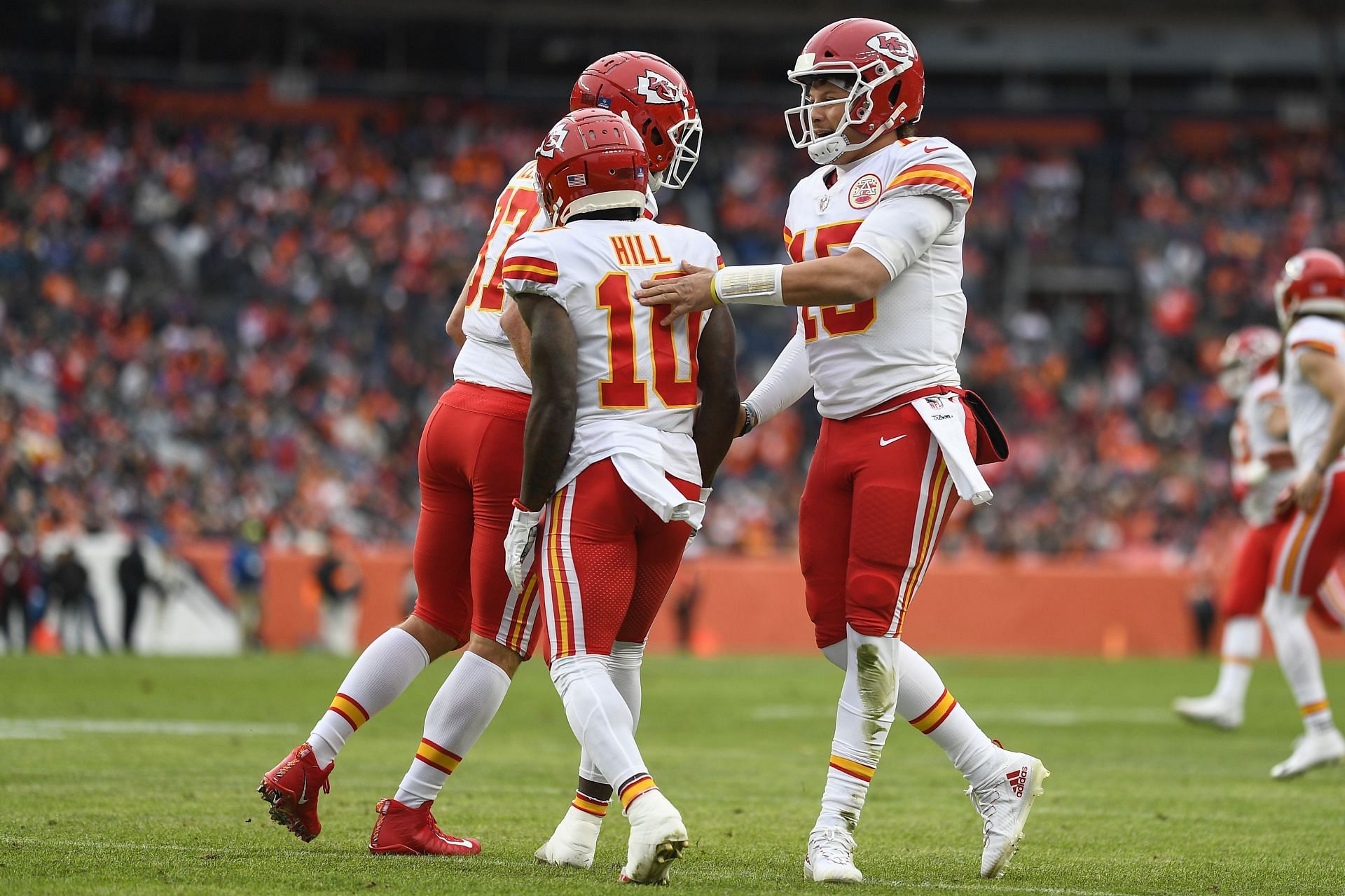 Travis Kelce (left), Tyreek Hill (middle), and Patrick Mahomes (right)