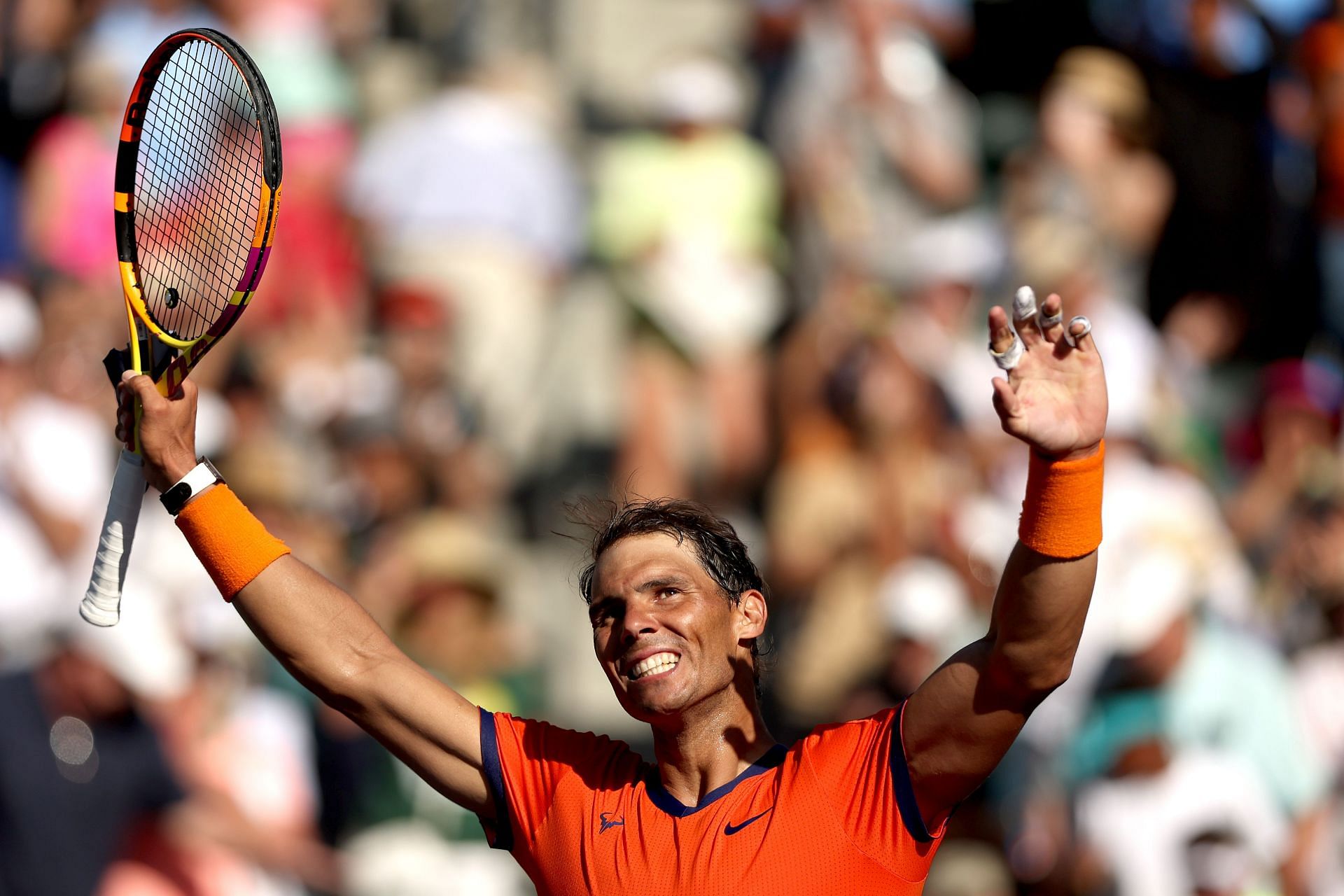 Rafael Nadal celebrates his win over Reilly Opelka at the Indian Wells Masters