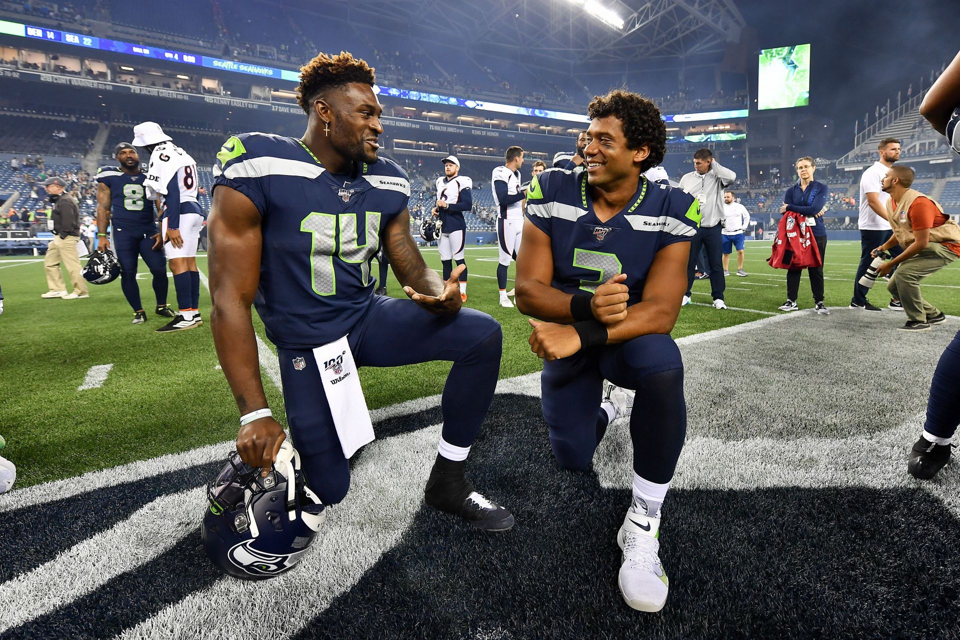 Wide receiver DK Metcalf of the Seattle Seahawks celebrates after