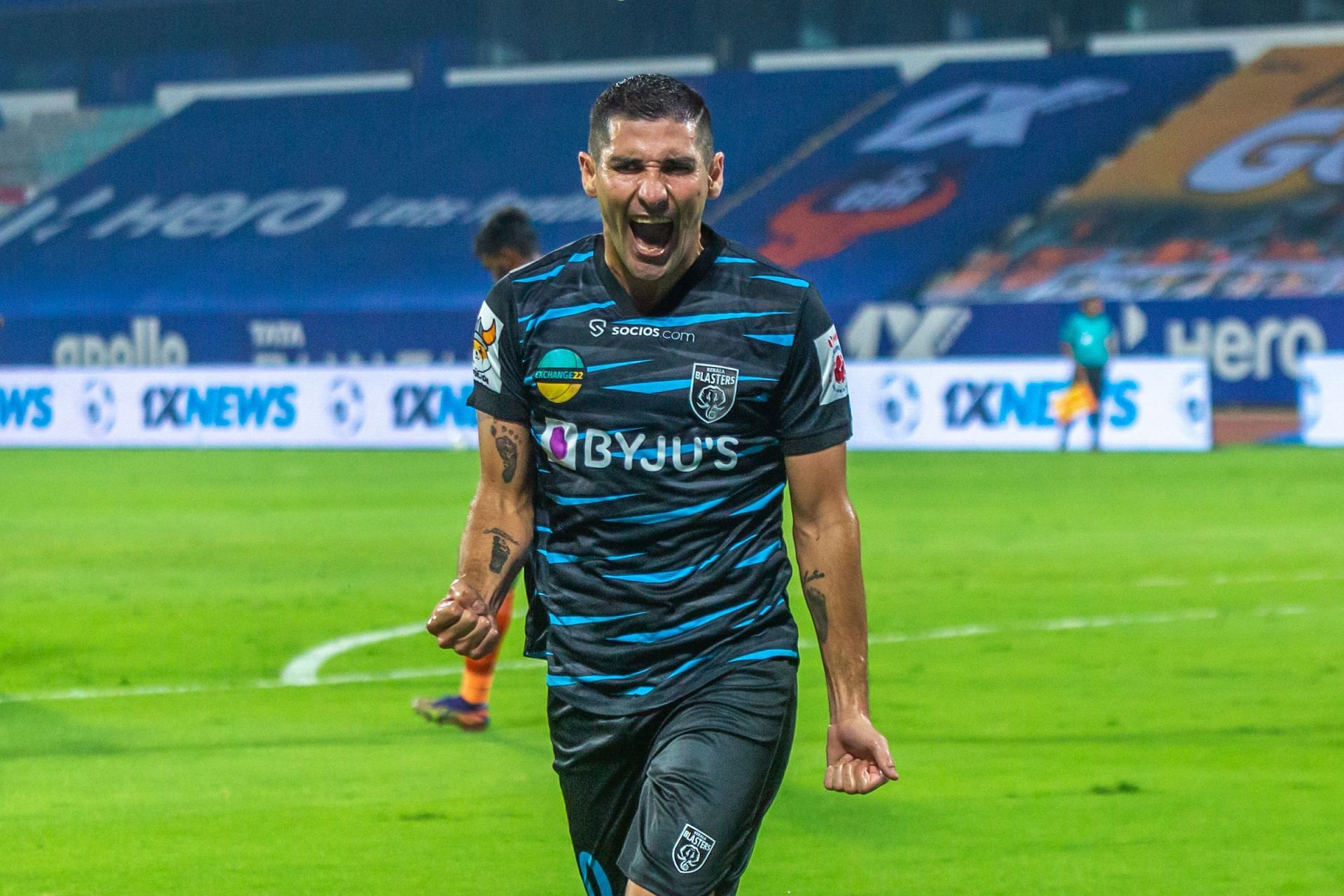 Kerala Blasters&#039; Jorge Pereyra Diaz celebrates scoring against FC Goa. [Credits: ISL]