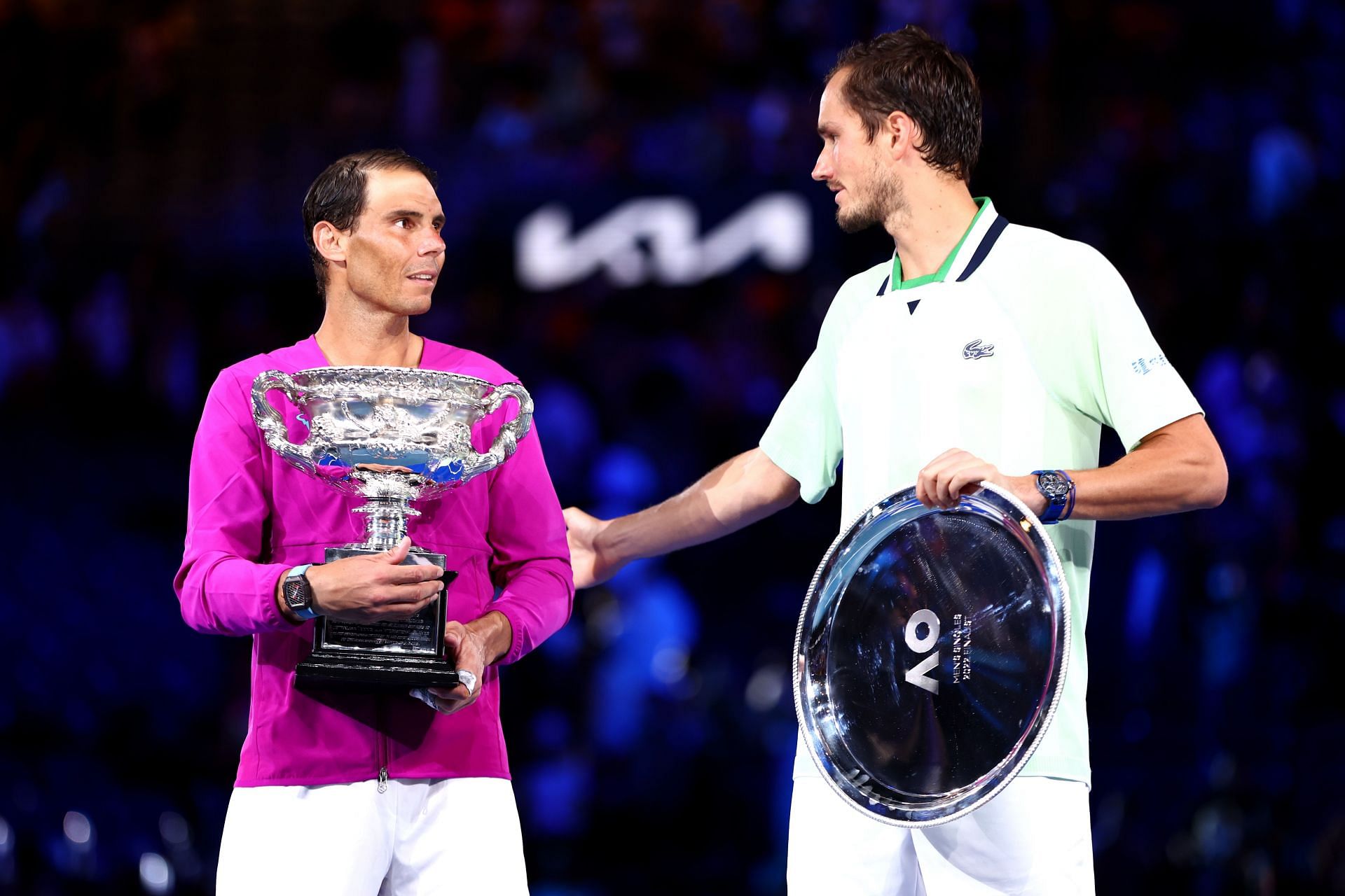 Rafael Nadal and Daniil Medvedev during the trophy presentation for the 2022 Australian Open men&#039;s singles final