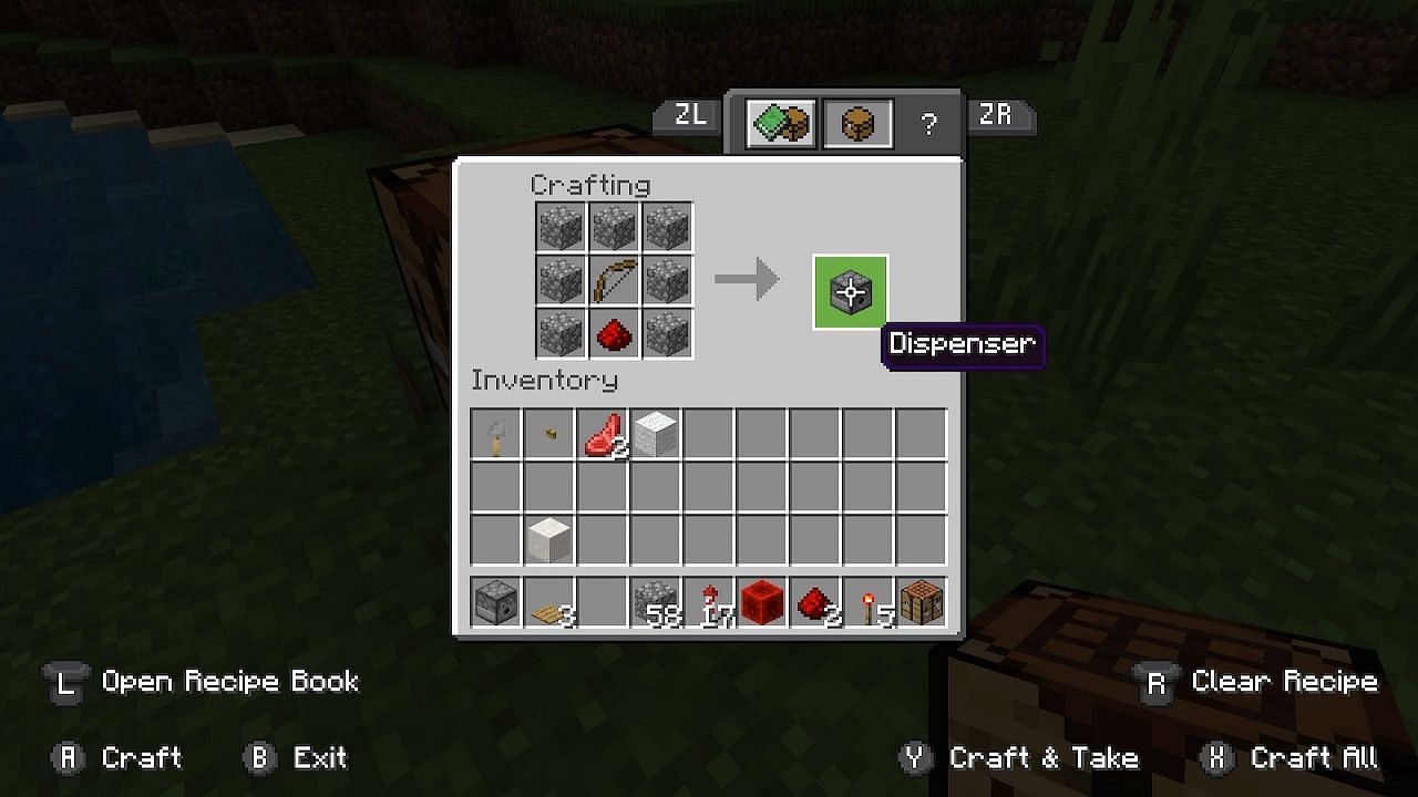 Players can create a Dispenser with seven cobblestones, one bow, and one redstone dust (Image via Minecraft)