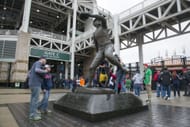 A statue bearing Bob Feller's likeness graces the grounds outside Cleveland's Progressive Field