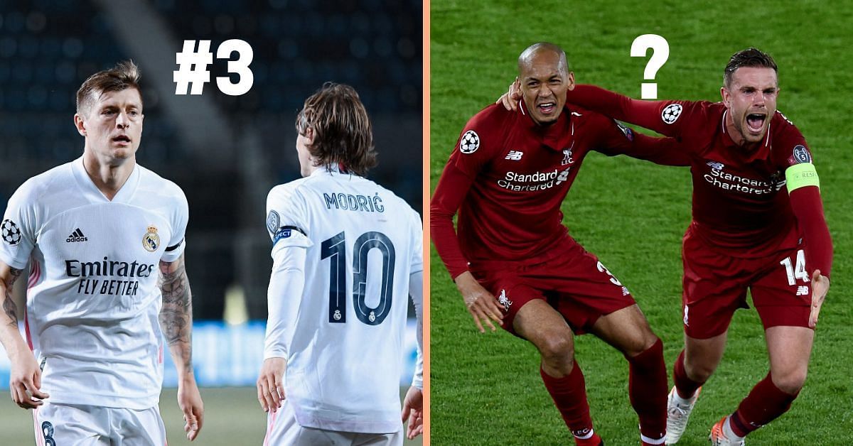 Toni Kroos and Luka Modric of Real Madrid (left) and Fabinho and Jordan Henderson of Liverpool (right)