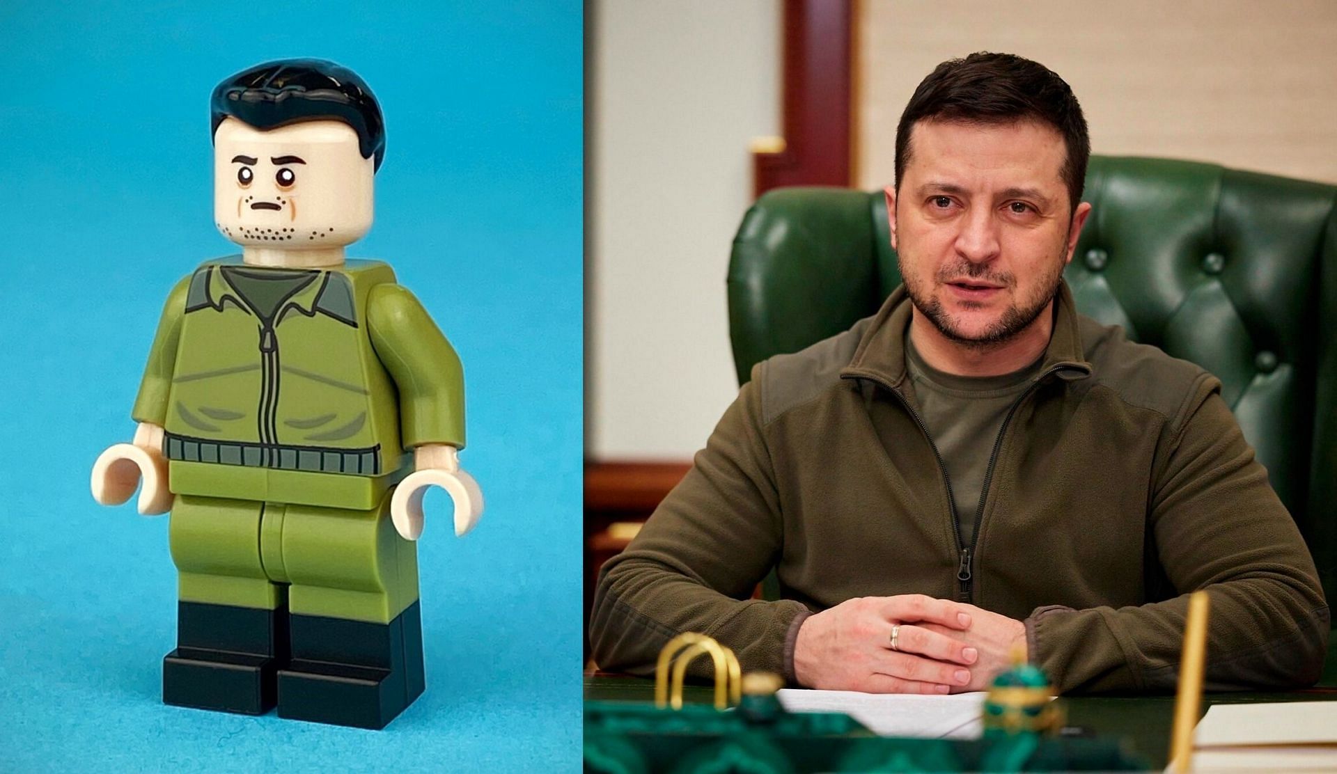 Zelenskyy as the Lego figure (Image via Citizen Bricks, and AP)