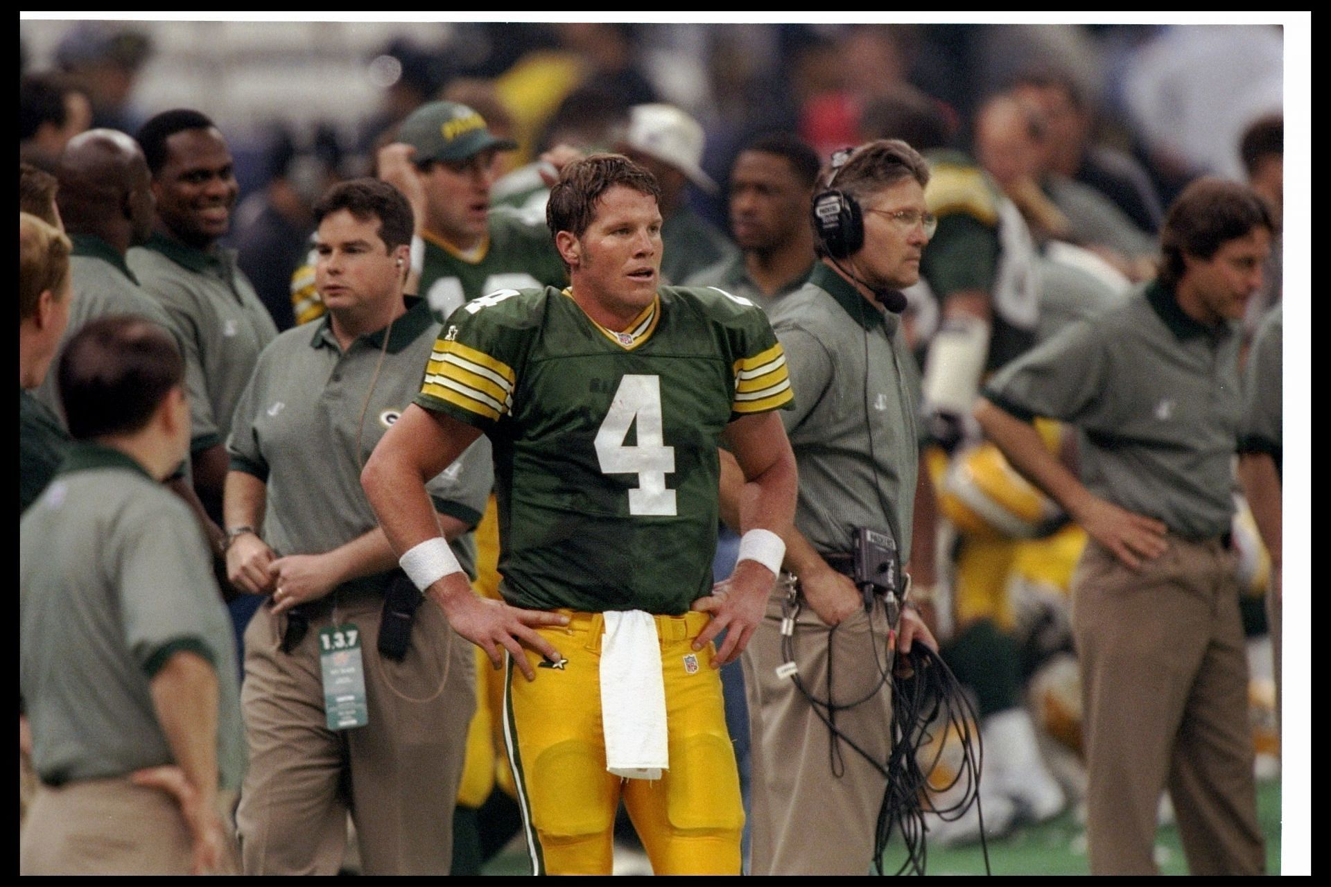 Brett Favre pictured during the Packers&#039; Super Bowl win in 1997