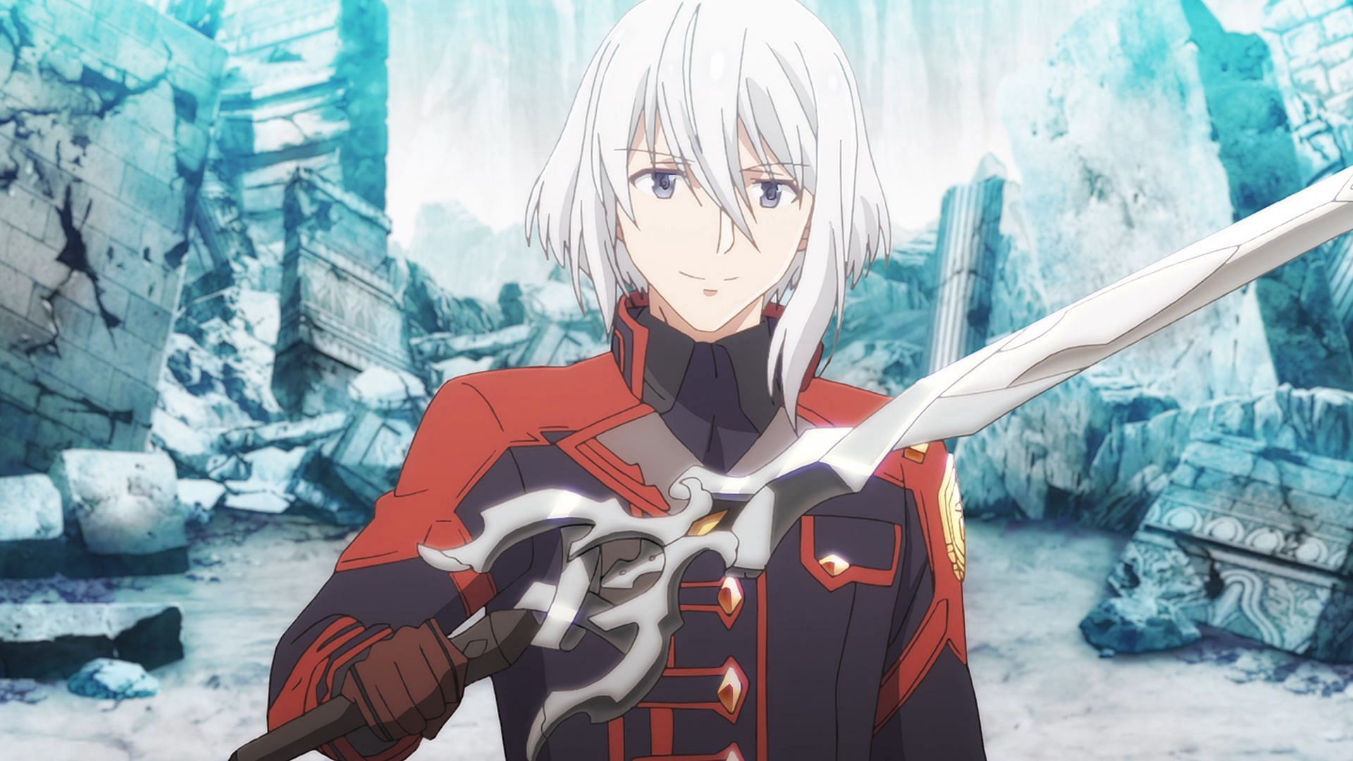 Lay Glanzdulii as he appears holding Sigshesta in &#039;Misfit of Demon King Academy&#039; (Image via Studio SILVER LINK)