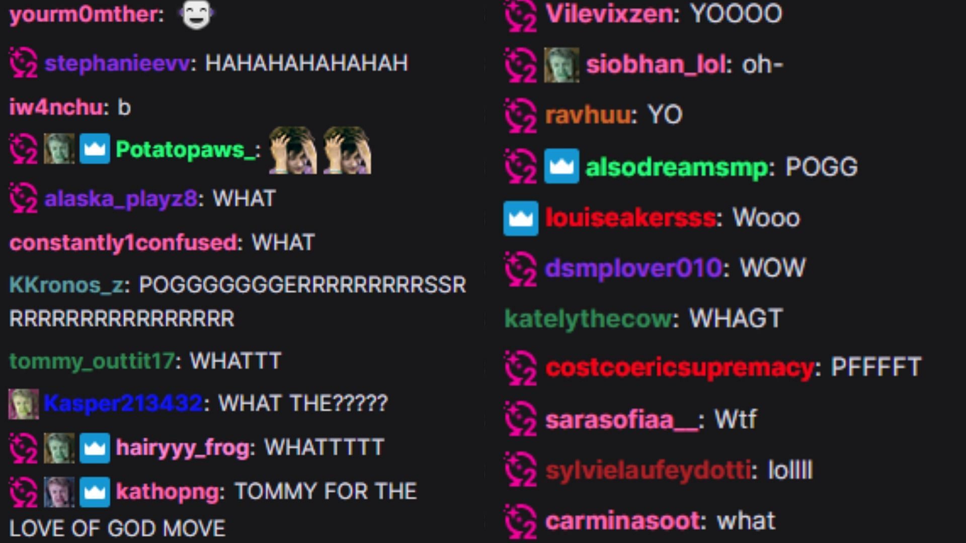 TommyInnit&#039;s chat reacting to his story (Image via Twitch tommyinnit)