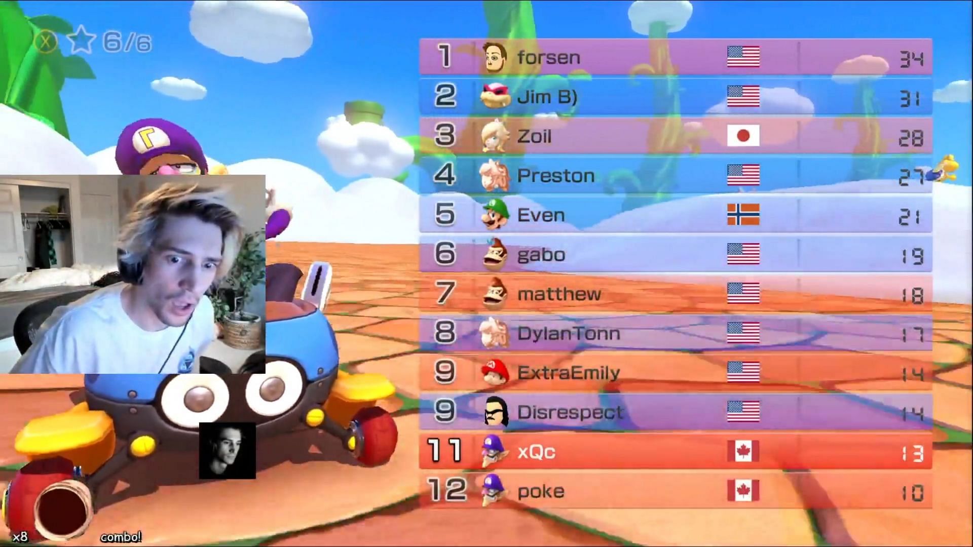 xQc loses a race in Mario Kart 8 in the most unexpected manner (Images via xQcOW/Twitch)