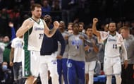 Luka Doncic of the Dallas Mavericks reacts as the Mavericks play the Golden State Warriors
