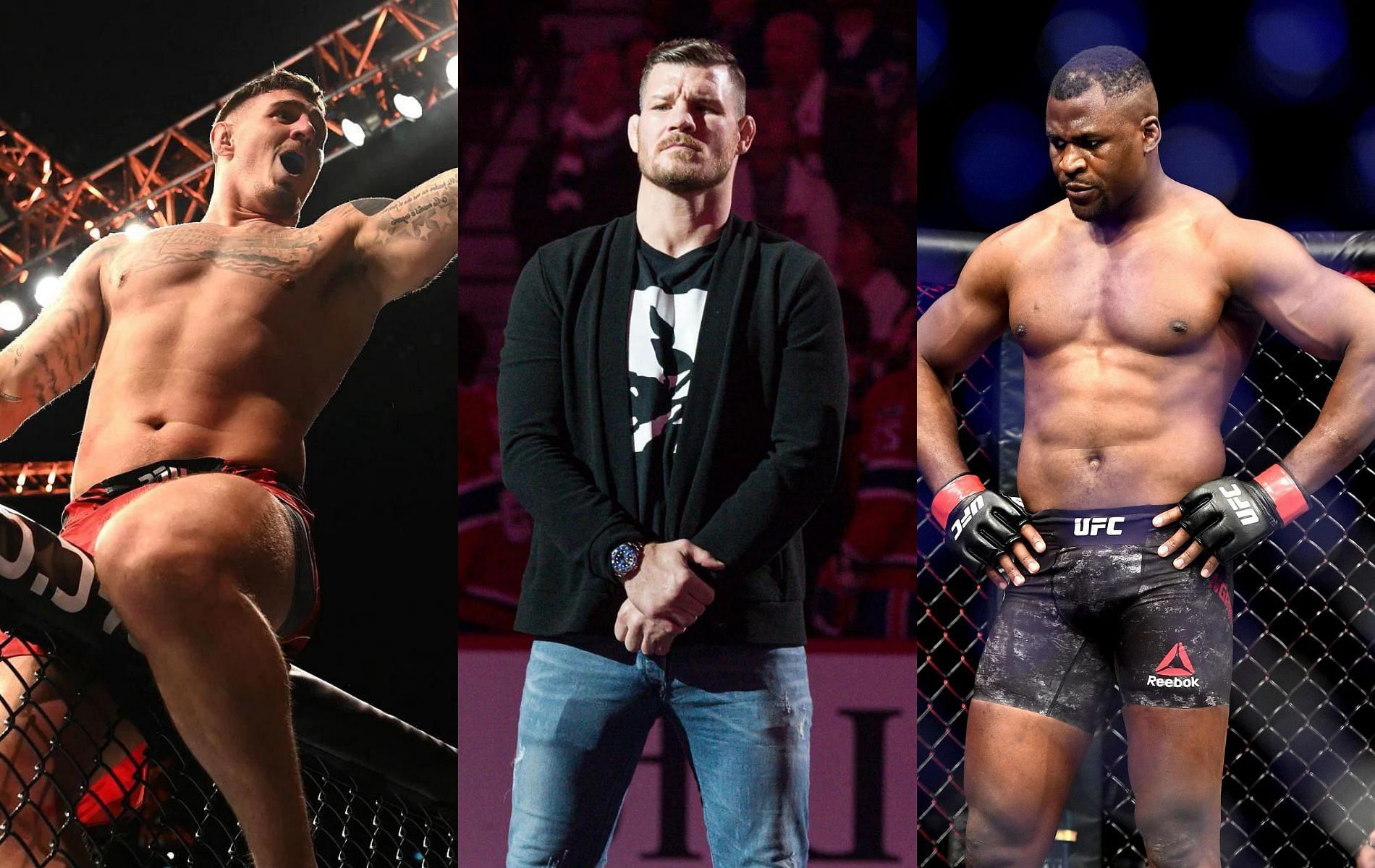 Tom Aspinall (left), Michael Bisping (center) &amp; Francis Ngannou (right)