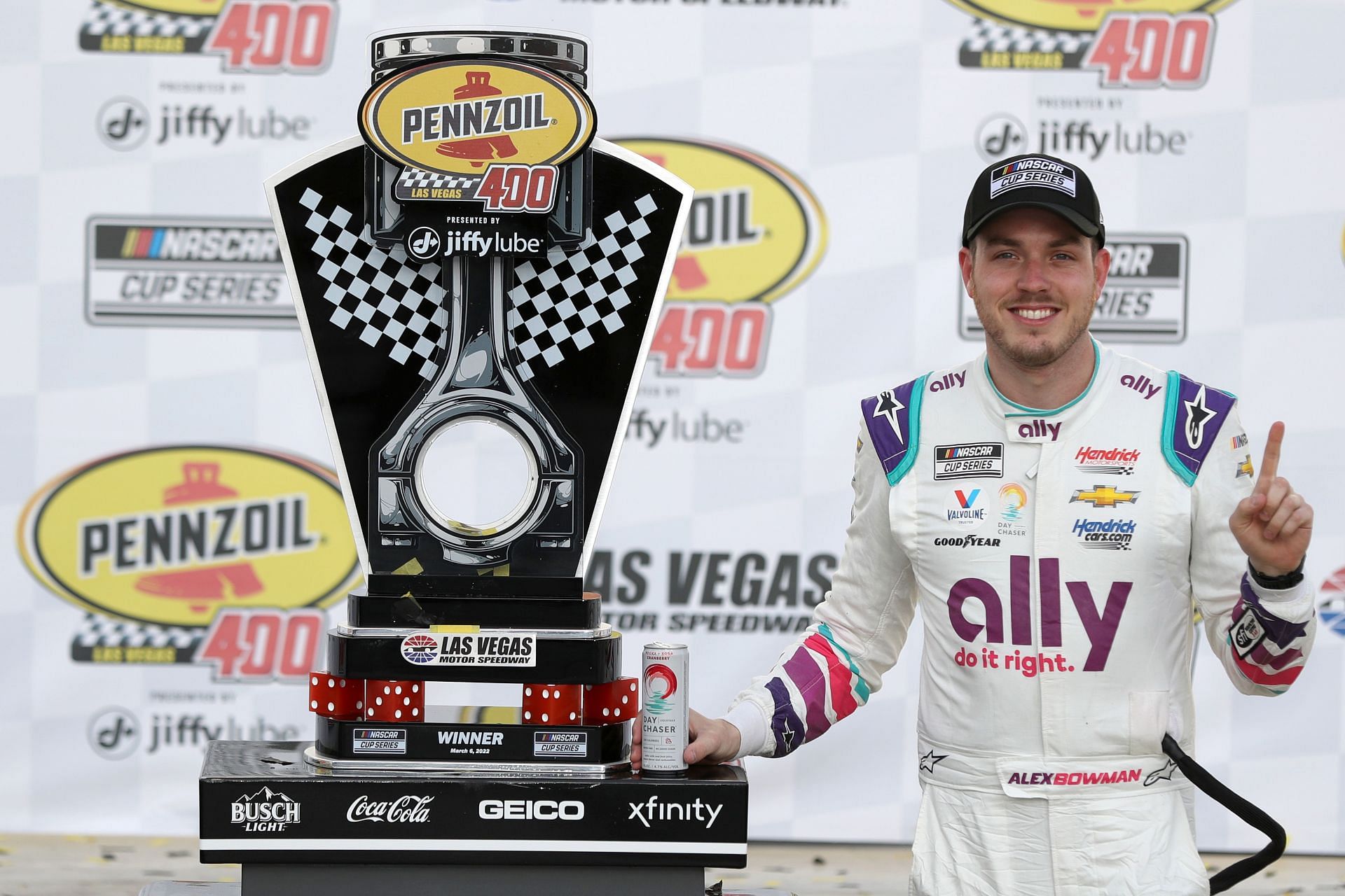 Alex Bowman, driver of the #48 Ally Chevrolet, celebrates in victory lane after winning the NASCAR Cup Series Pennzoil 400 at Las Vegas Motor Speedway (Photo by Meg Oliphant/Getty Images)