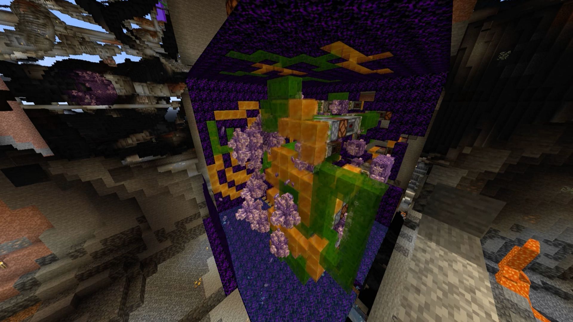 A Minecraft Redditor u/TzarDax posted a video highlighting the amazing precision and skill showcased in the build of this amethyst geode farm created by ilmango (Image via u/TzarDax/Reddit)