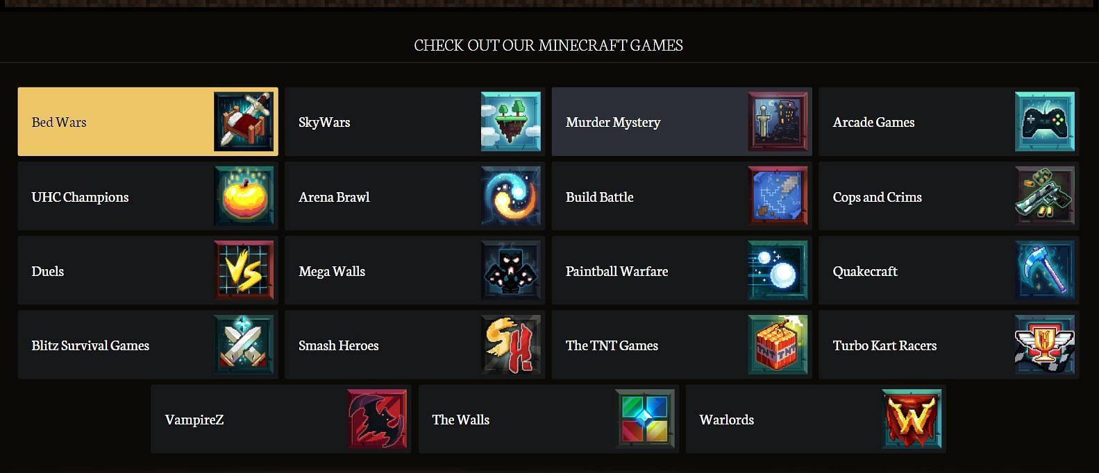 All the games they offer (Image via hypixel.net)