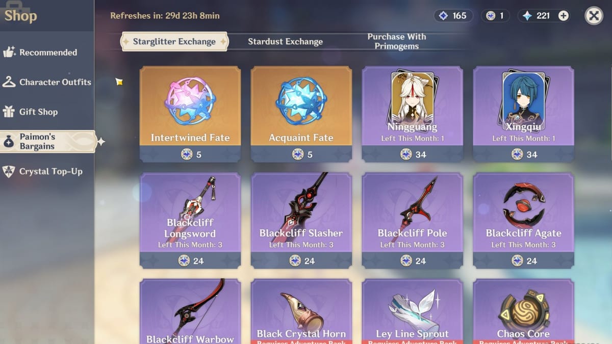 Paimon Bargain Rotation Genshin Impact Starglitter shop characters and weapons rotation for all ...