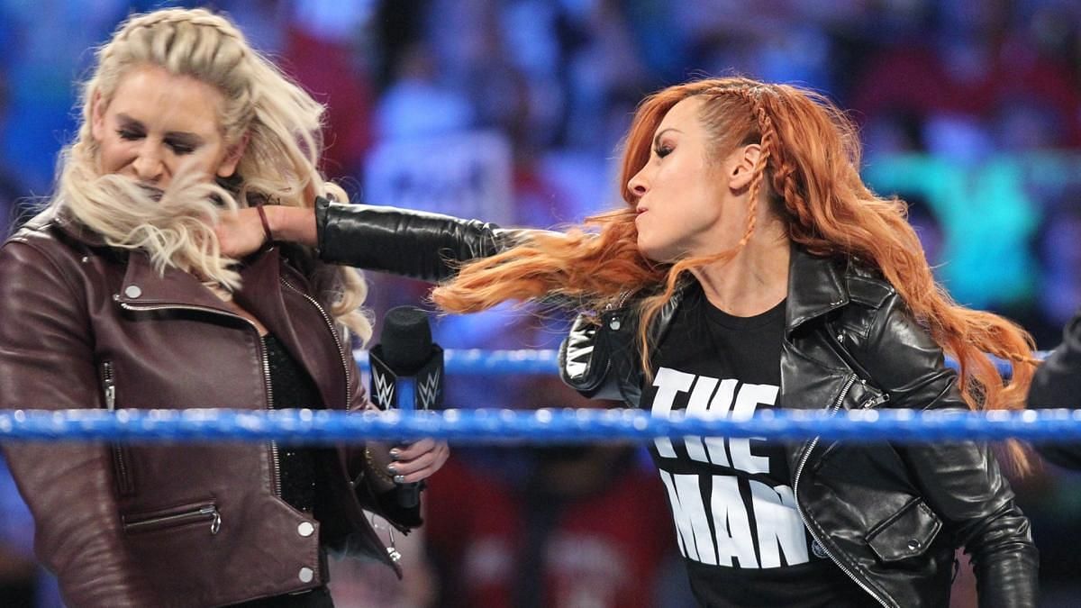 Becky Lynch struck Charlotte Flair on SmackDown in 2019.