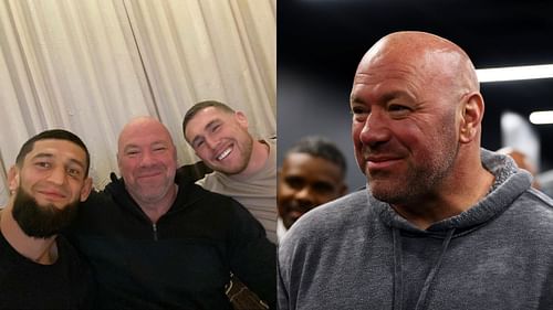 Dana White with Khamzat Chimaev and Darren Till after UFC London