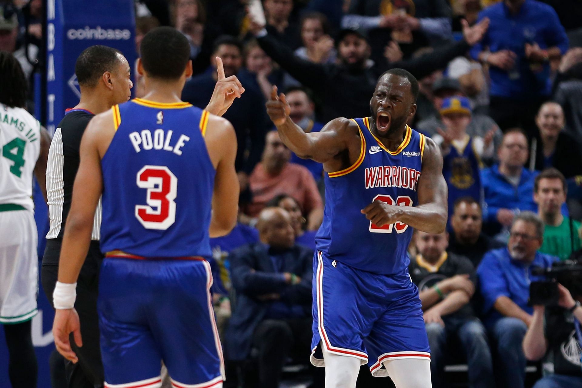 Draymond Green of the Golden State Warriors reacts after a call against the Warriors resulting in a technical foul in the second quarter on March 16 in San Francisco, California.