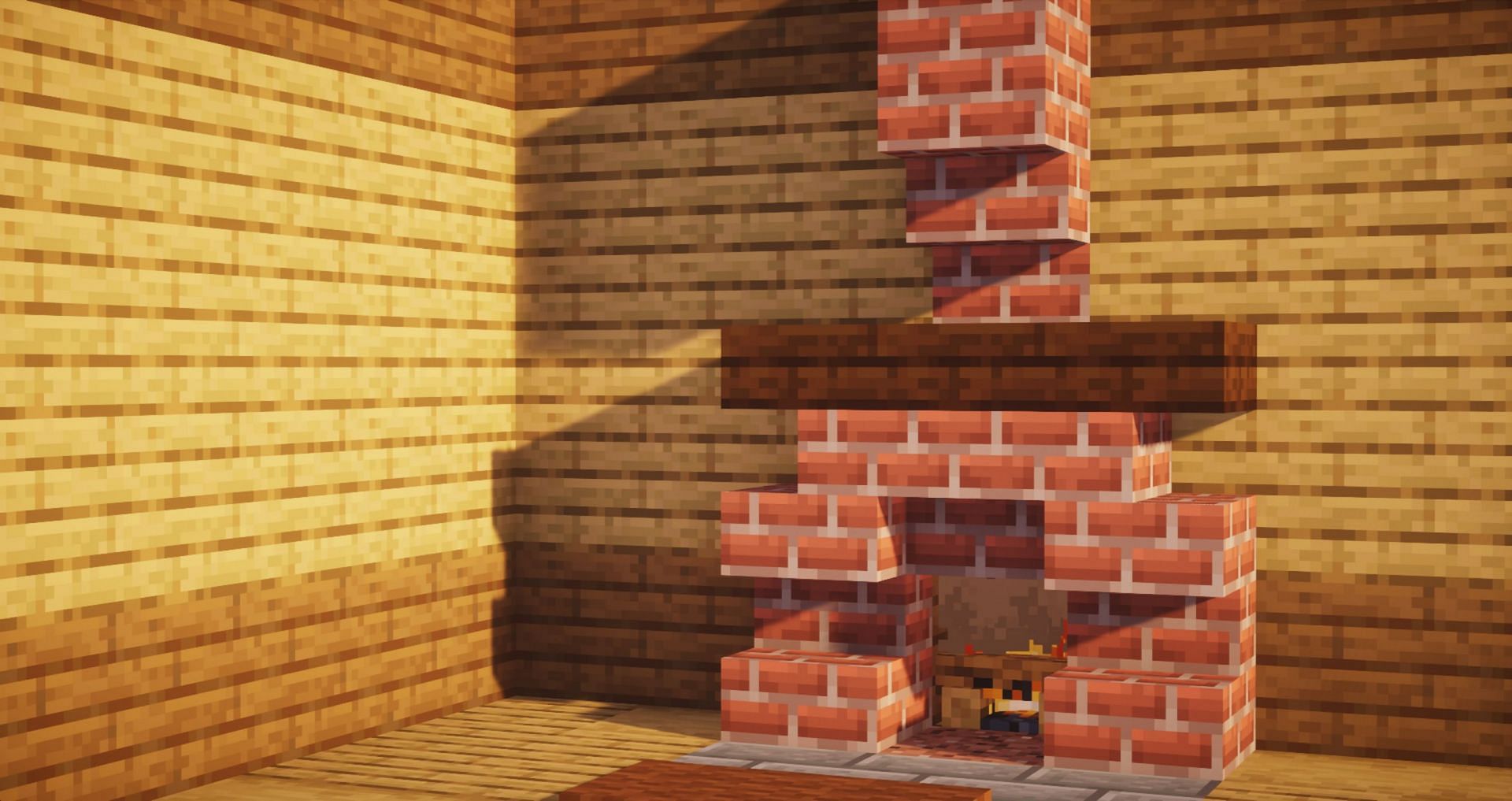 A simple wood and brick fireplace design (Image via Mojang)