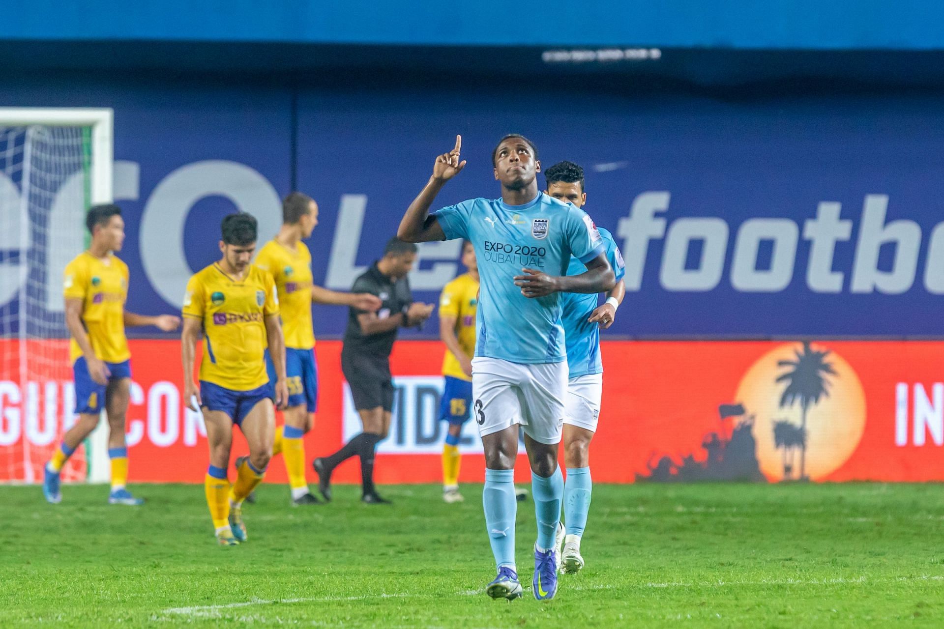 Mumbai City&#039;s Diego Mauricio celebrates scoring against Kerala Blasters. [Credits: ISL]