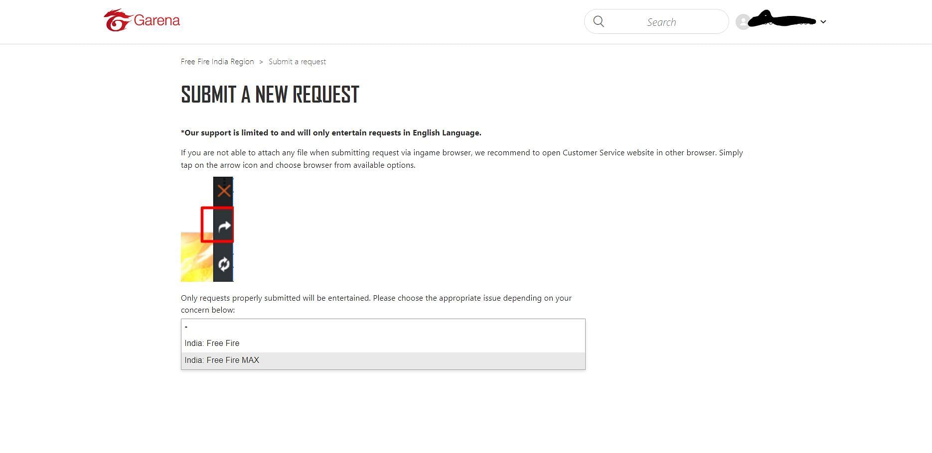 Users must tap on &quot;Submit a Request&quot; (Image via Garena)