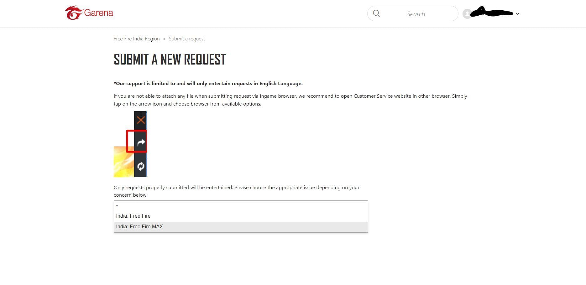 &quot;Submit a Request&quot; को चुनें (Image via Garena)