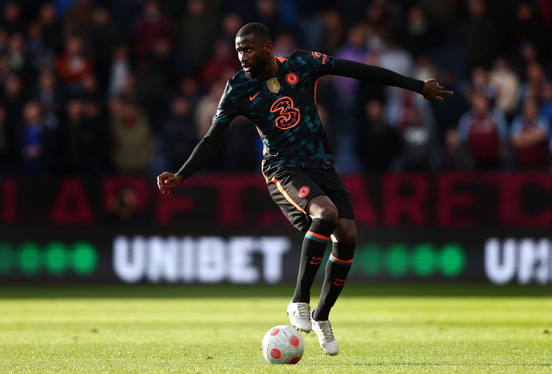 Antonio Rudiger on the ball against Burnley in the Premier League