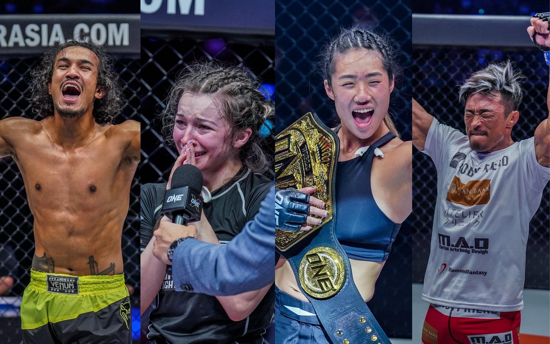 (From left to right) Sinsamut Klinmee, Danielle Kelly, Angela Lee, and Yoshihiro Akiyama react to winning $50K bonuses at ONE X [Images courtesy of ONE Championship]