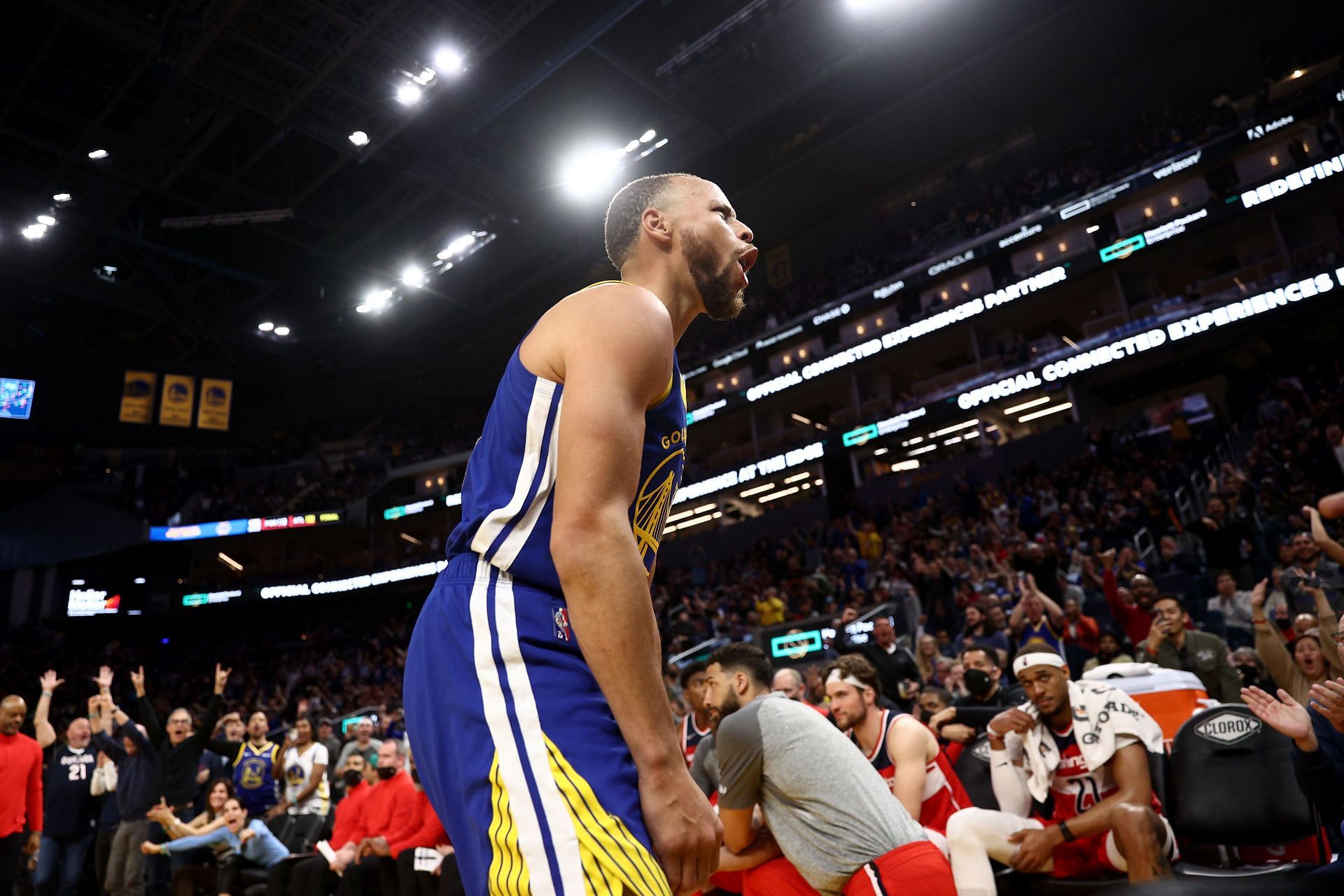 Steph Curry #30 of the Golden State Warriors reacts after making a basket and being fouled by the Washington Wizards in the fourth quarter at Chase Center on March 14, 2022 in San Francisco, California. Curry finished the game with 47 points.