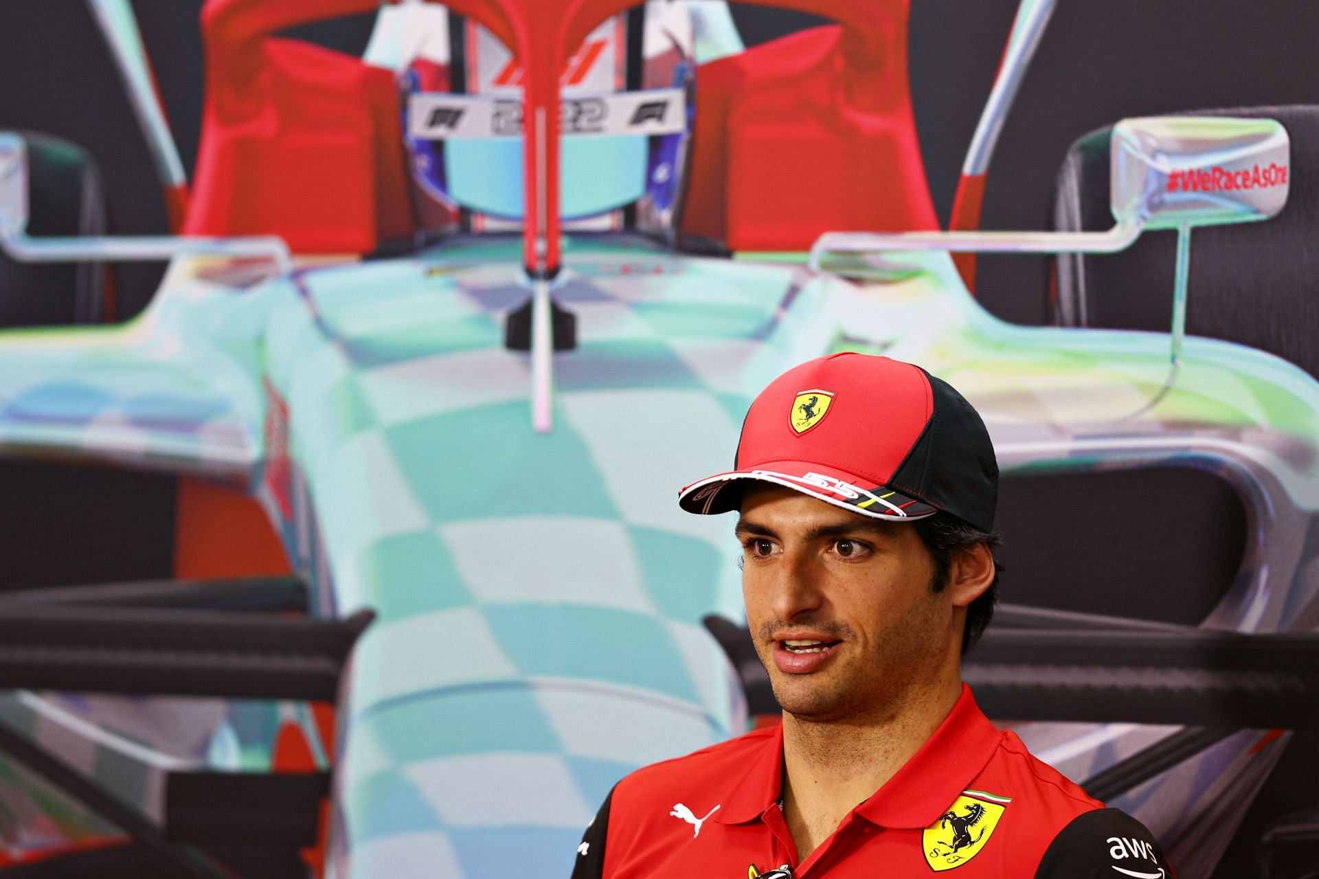 Ferrari&#039;s Carlos Sainz speaks to the media during pre-season testing in Bahrain (Photo by Lars Baron/Getty Images)