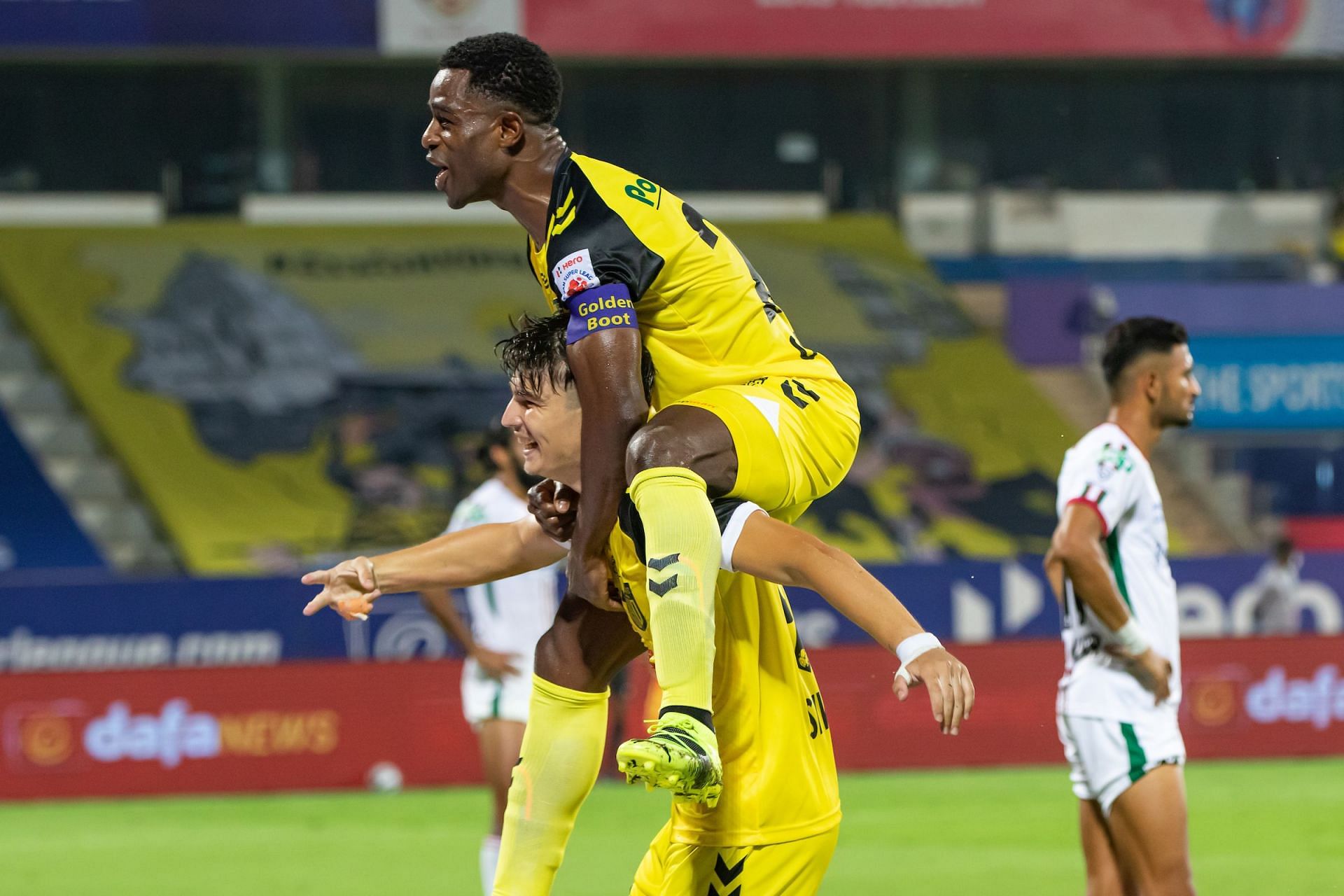 Bart Ogbeche and Javier Siverio celebrate Hyderabad FC&#039;s third goal against ATK Mohun Bagan. [Credits: ISL]