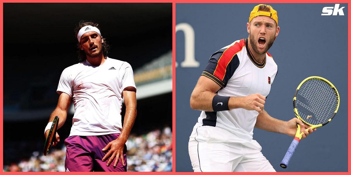 Stefanos Tsitsipas (L) takes on Jack Sock in the second round of the Indian Wells Masters