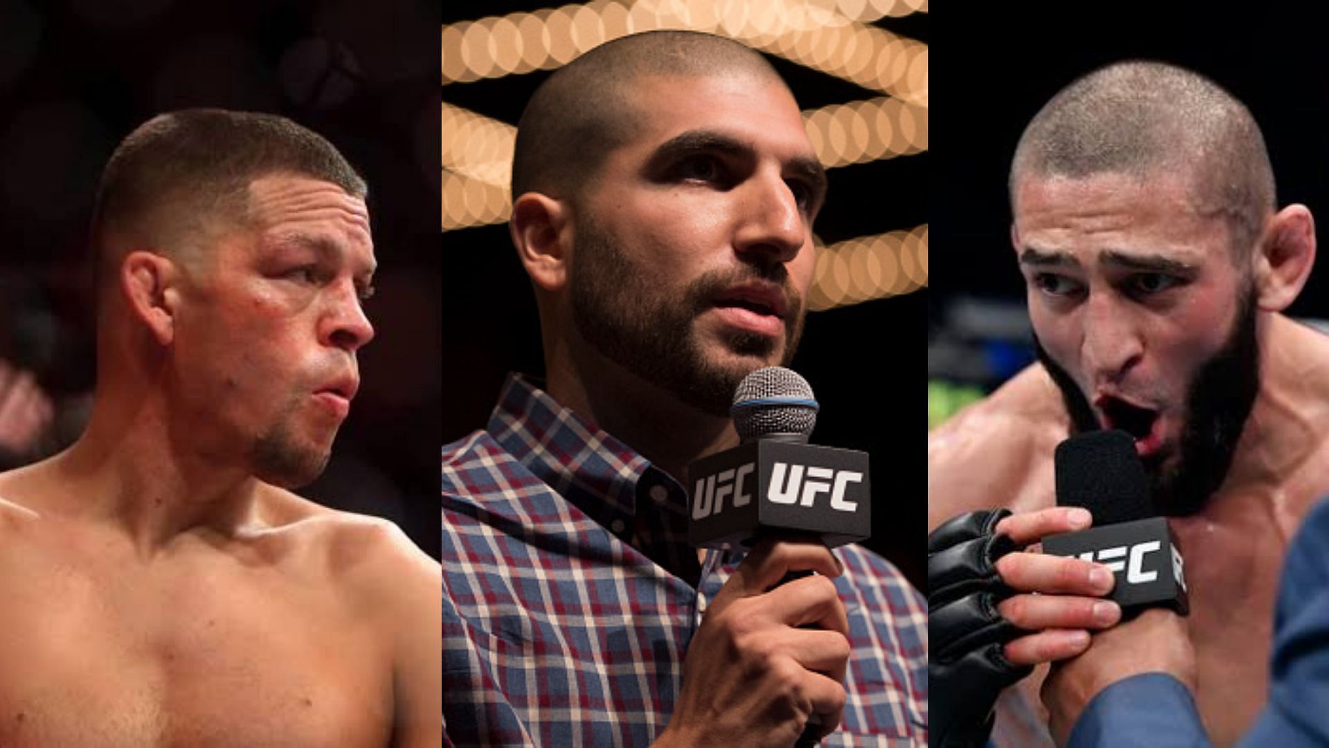 Nate Diaz (L), Ariel Helwani (C), Khamzat Chimaev (R)