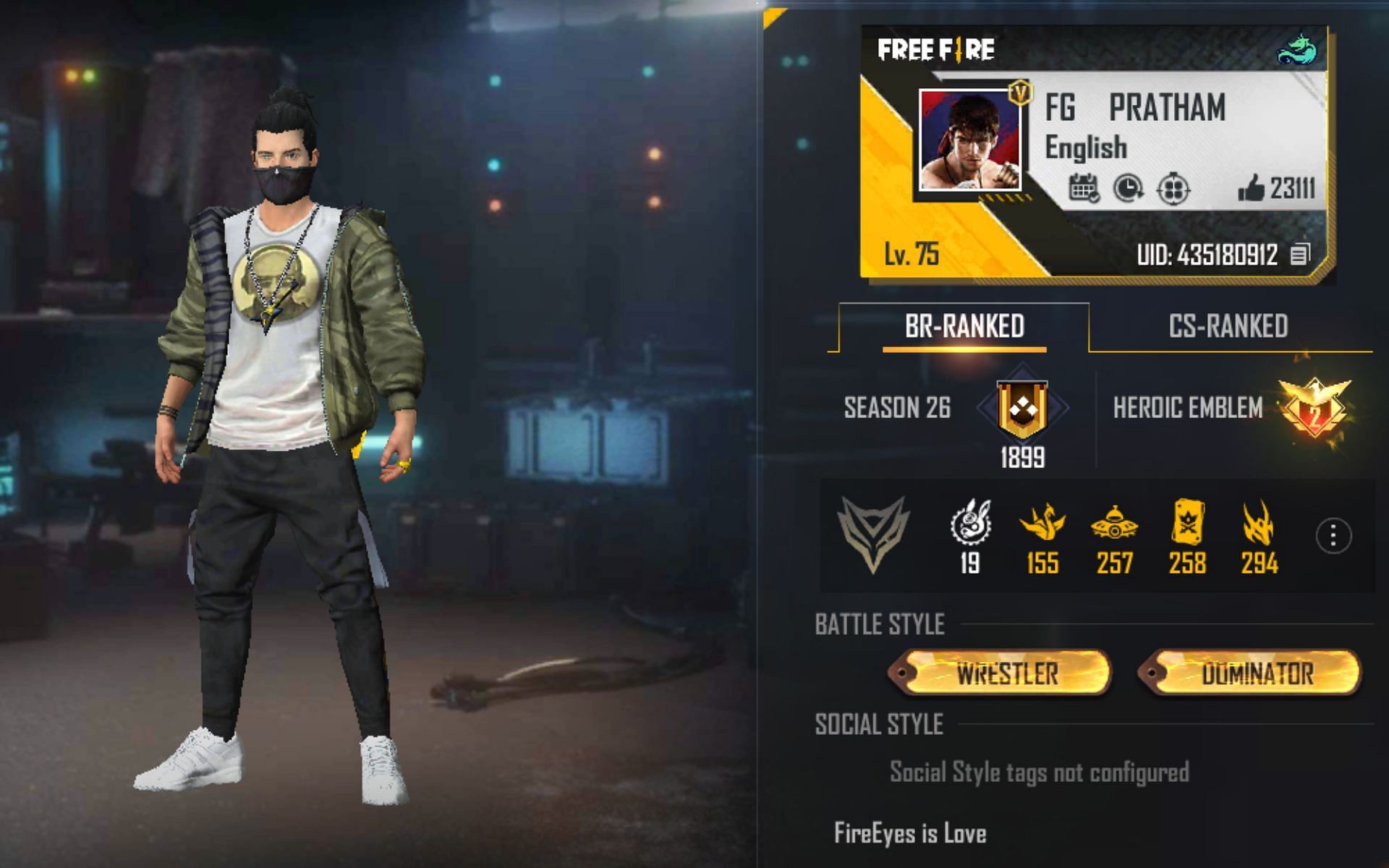 FireEyes Gaming&#039;s Free Fire MAX ID (Image via Garena)